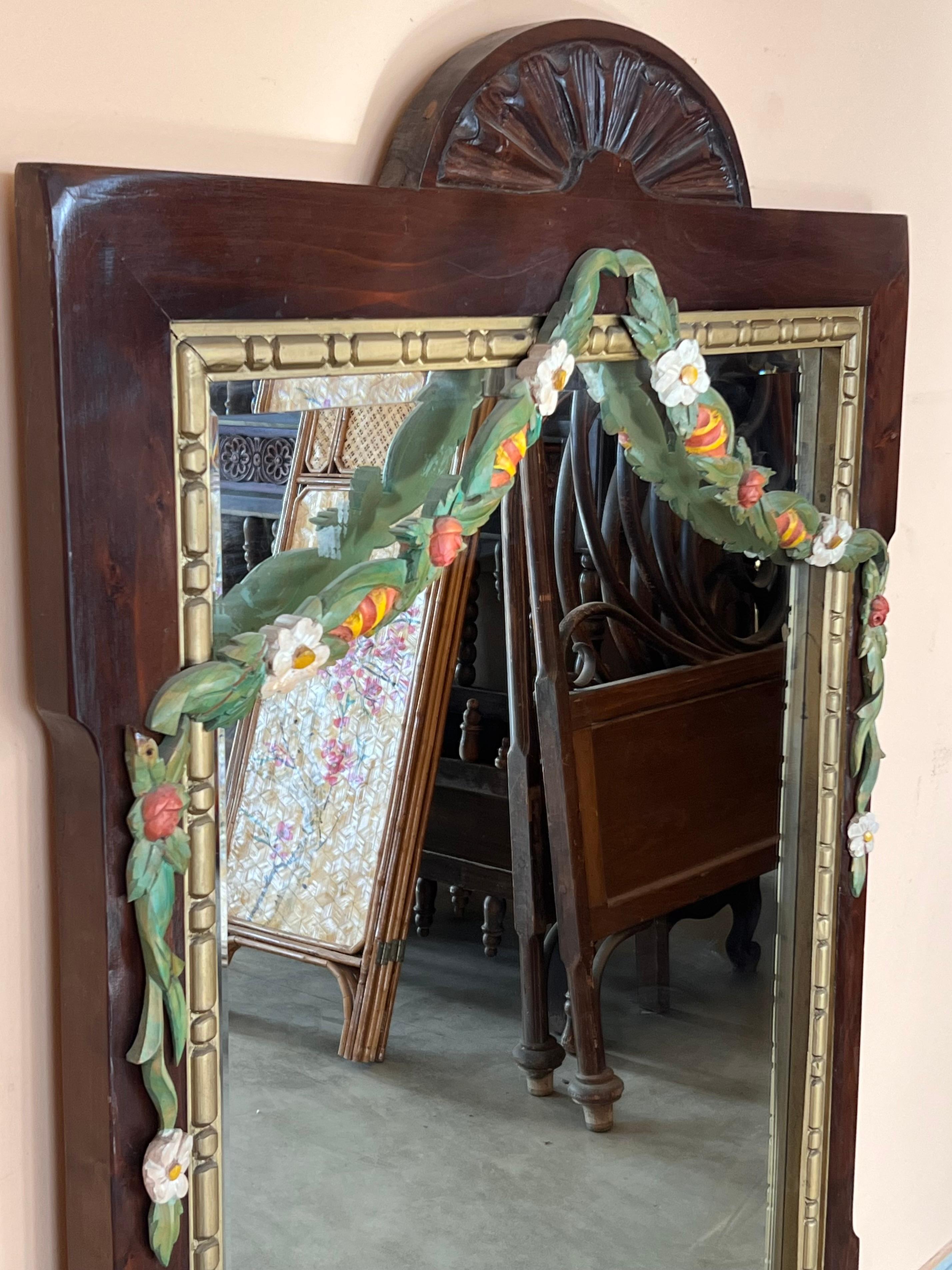 Neoclassical Revival Early 20th French  Wood Wall Mirror with Painted Garland of Flowers For Sale