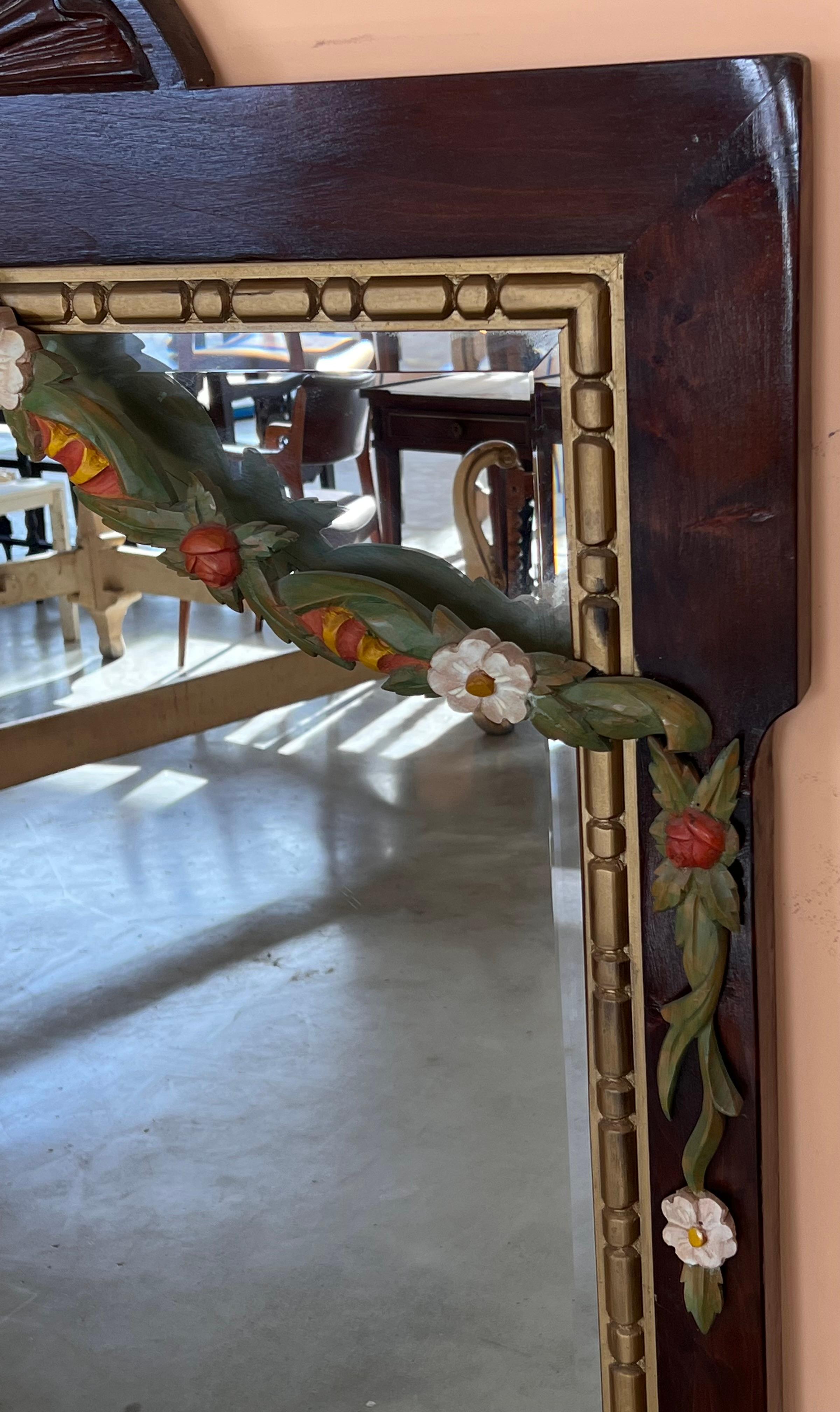 Spanish Early 20th French  Wood Wall Mirror with Painted Garland of Flowers For Sale
