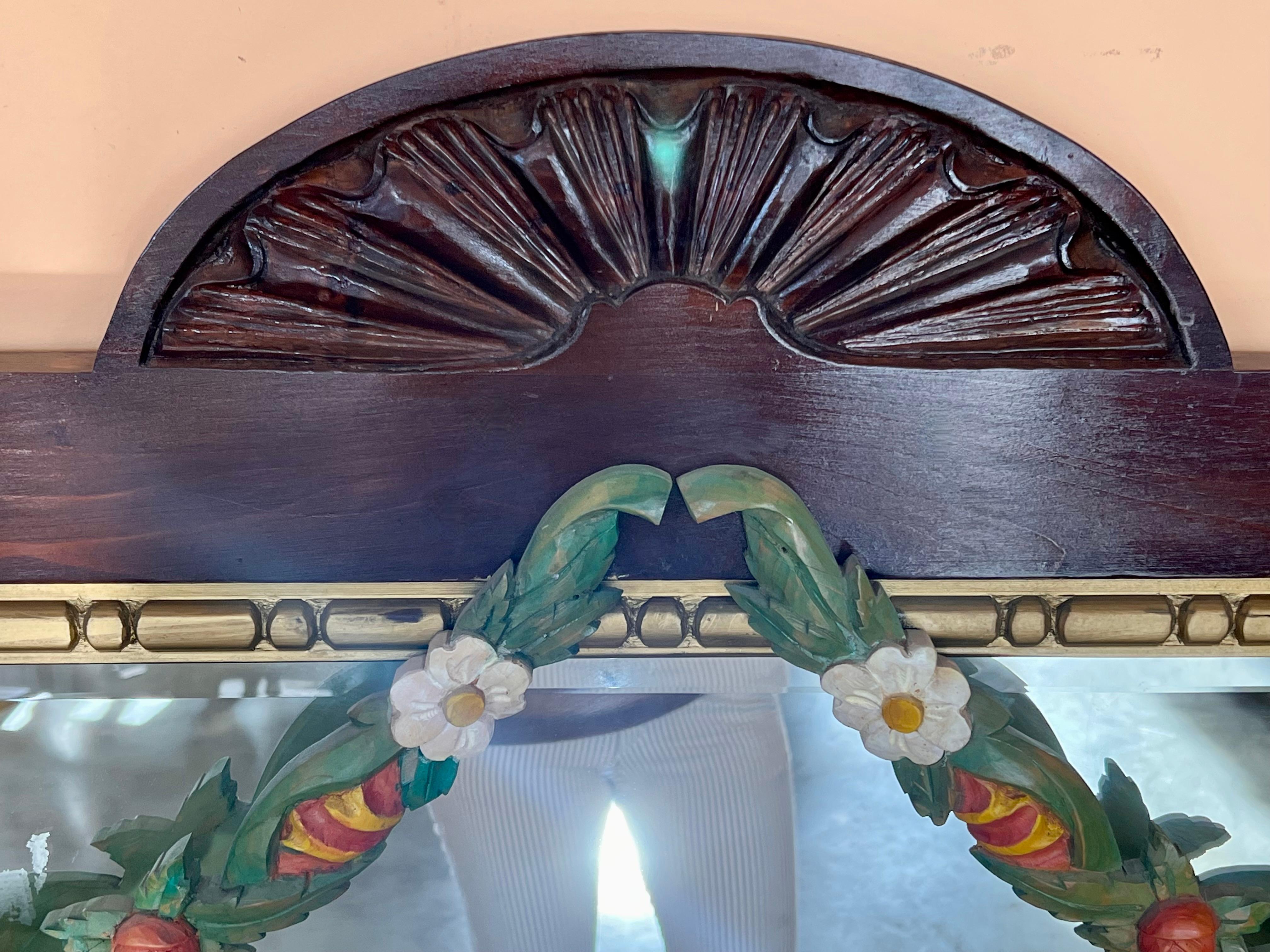 Early 20th French  Wood Wall Mirror with Painted Garland of Flowers In Good Condition For Sale In Miami, FL