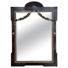 Francés de principios del siglo XX  Espejo de pared de madera con guirnalda de flores pintada