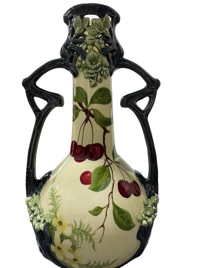 Early 20th German Art Nouveau  with cherry decoration handled Vase.  In Good Condition For Sale In Richmond Hill, ON