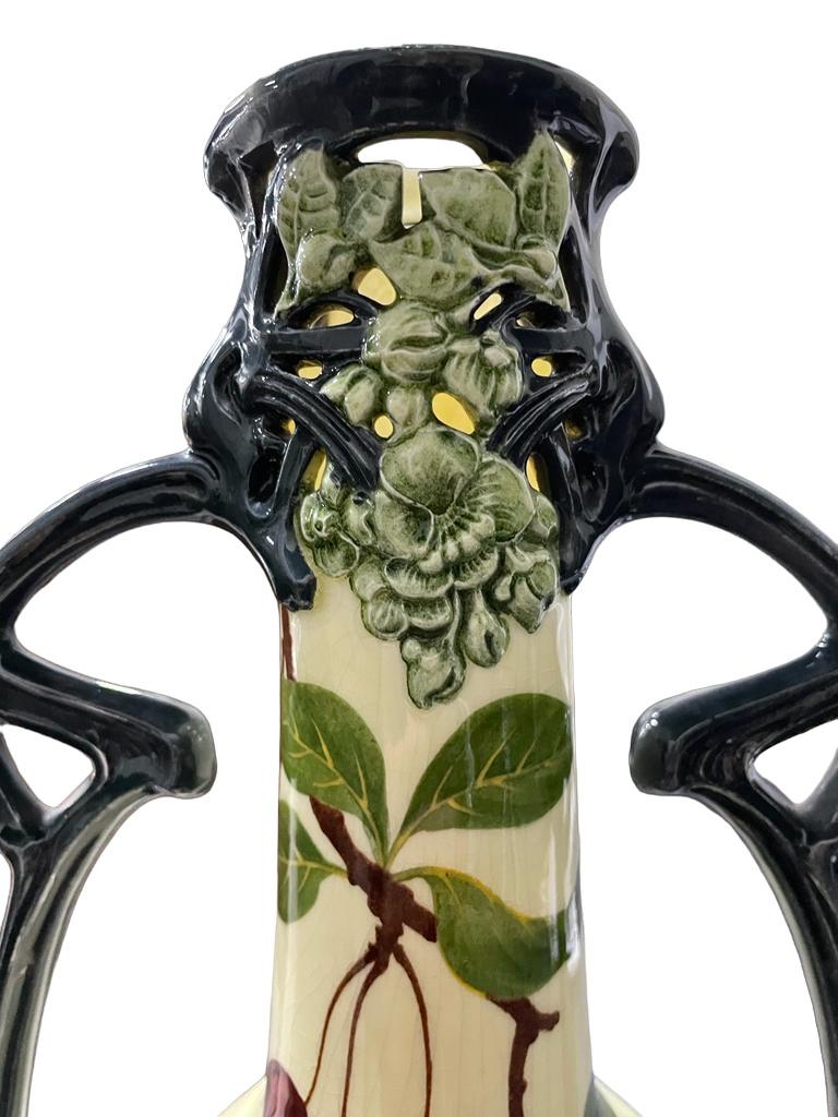 Earthenware Early 20th German Art Nouveau  with cherry decoration handled Vase.  For Sale