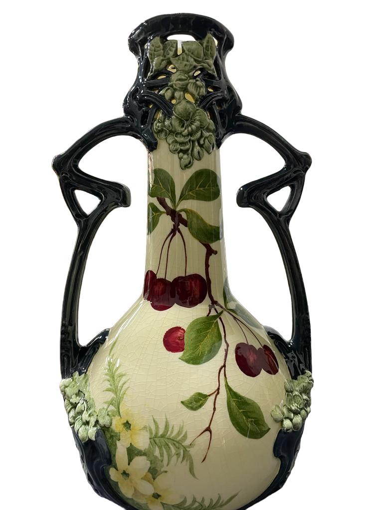 Early 20th German Art Nouveau  with cherry decoration handled Vase.  For Sale 2