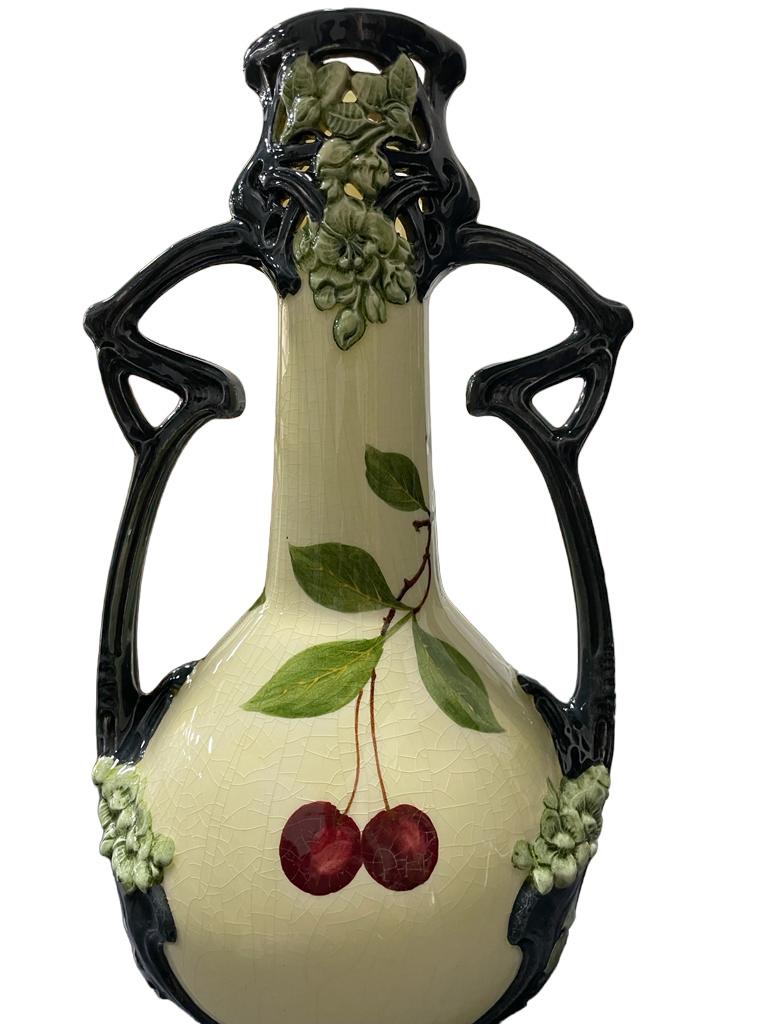 Early 20th German Art Nouveau  with cherry decoration handled Vase.  For Sale 3