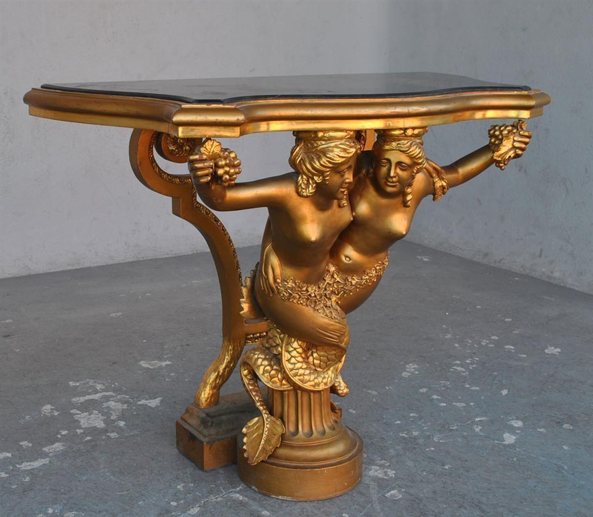 Rococo Early 20th Century Golden Wood Mermaid Console For Sale