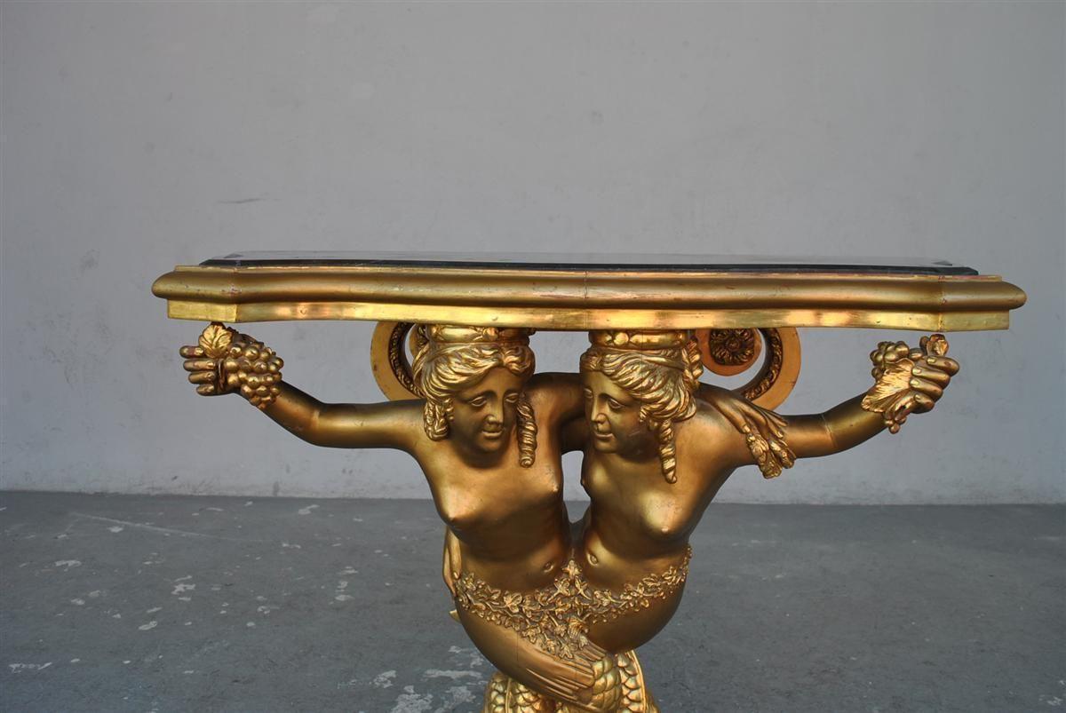 French Early 20th Century Golden Wood Mermaid Console For Sale