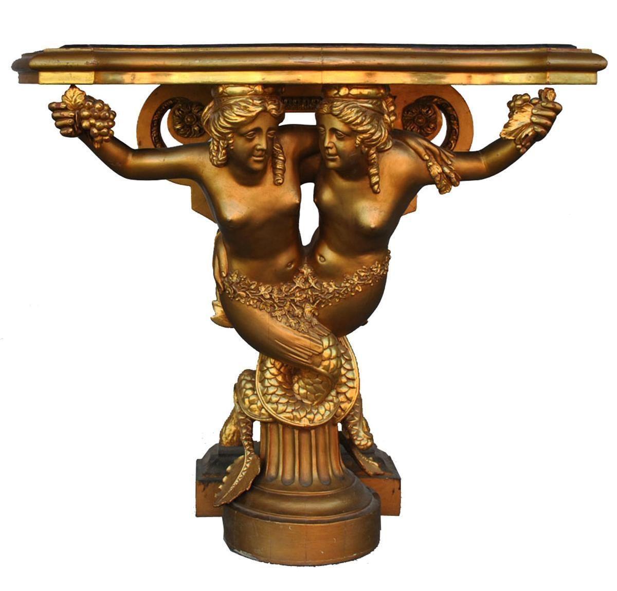 Goldene Meerjungfrauen-Konsole aus Holz des frühen 20. Jahrhunderts