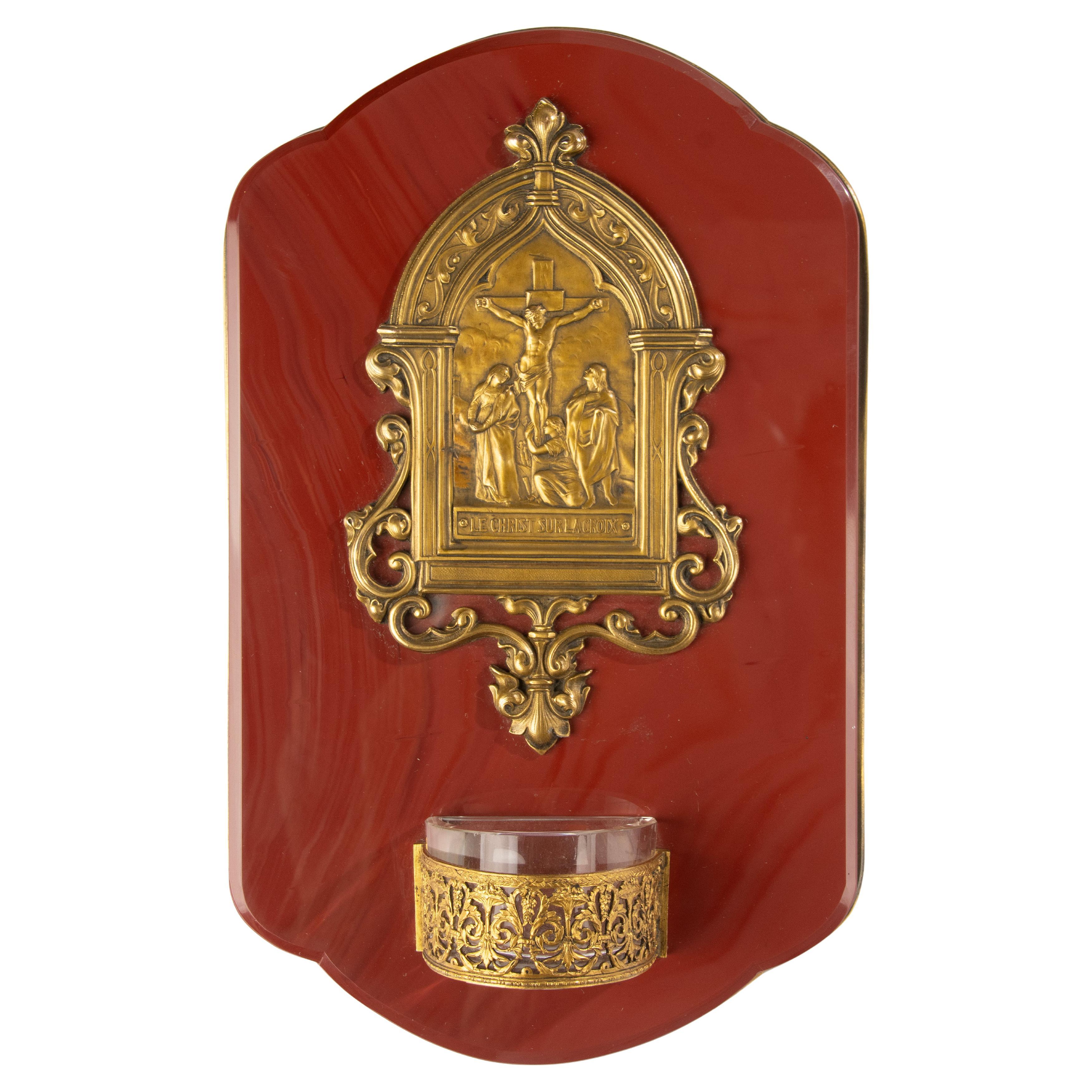 Early 20th Holy Water Font - Red Onyx and Bronze - Corpus Christi