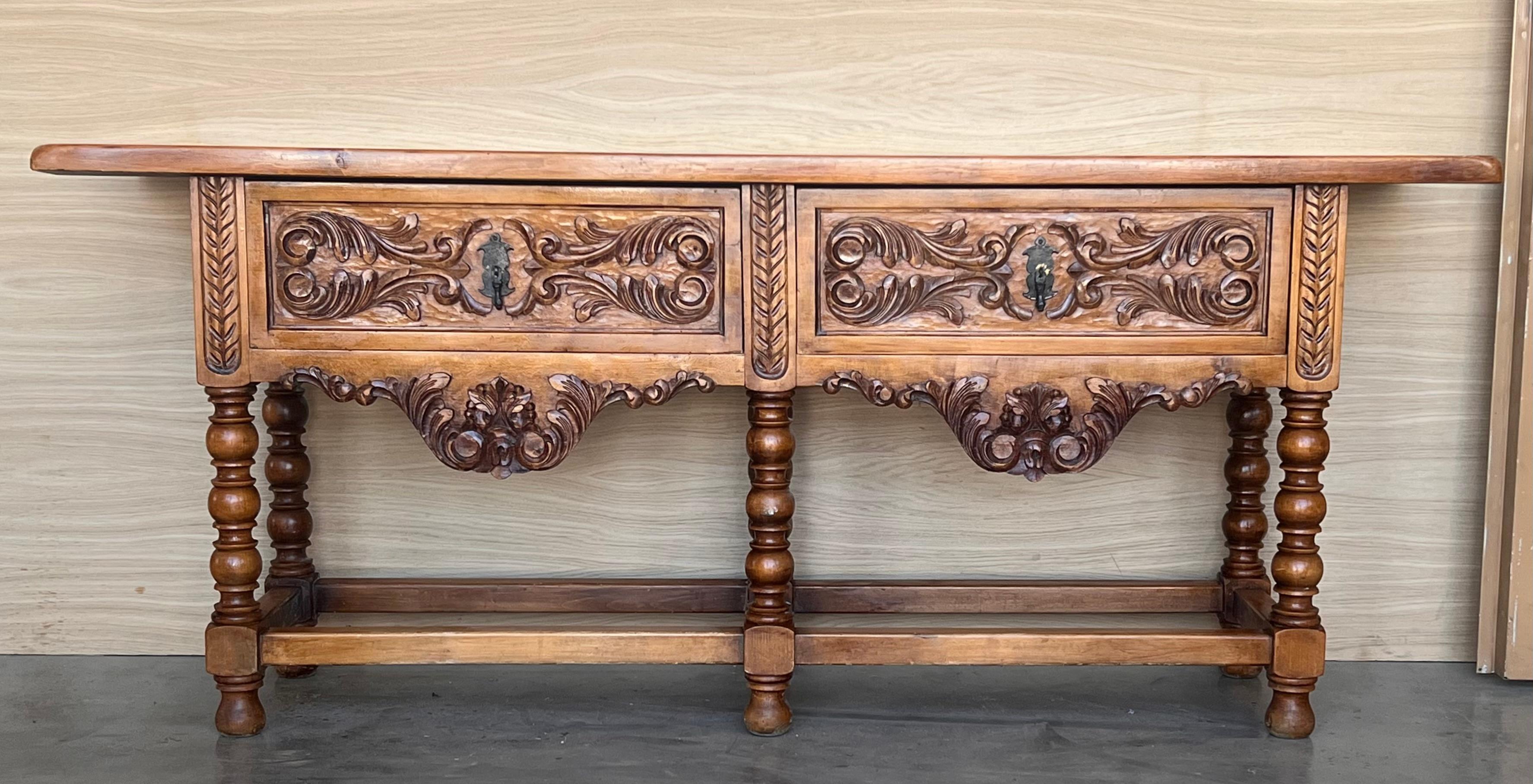 Spanish Early 20th Large Carved Walnut Console Table with two drawers For Sale