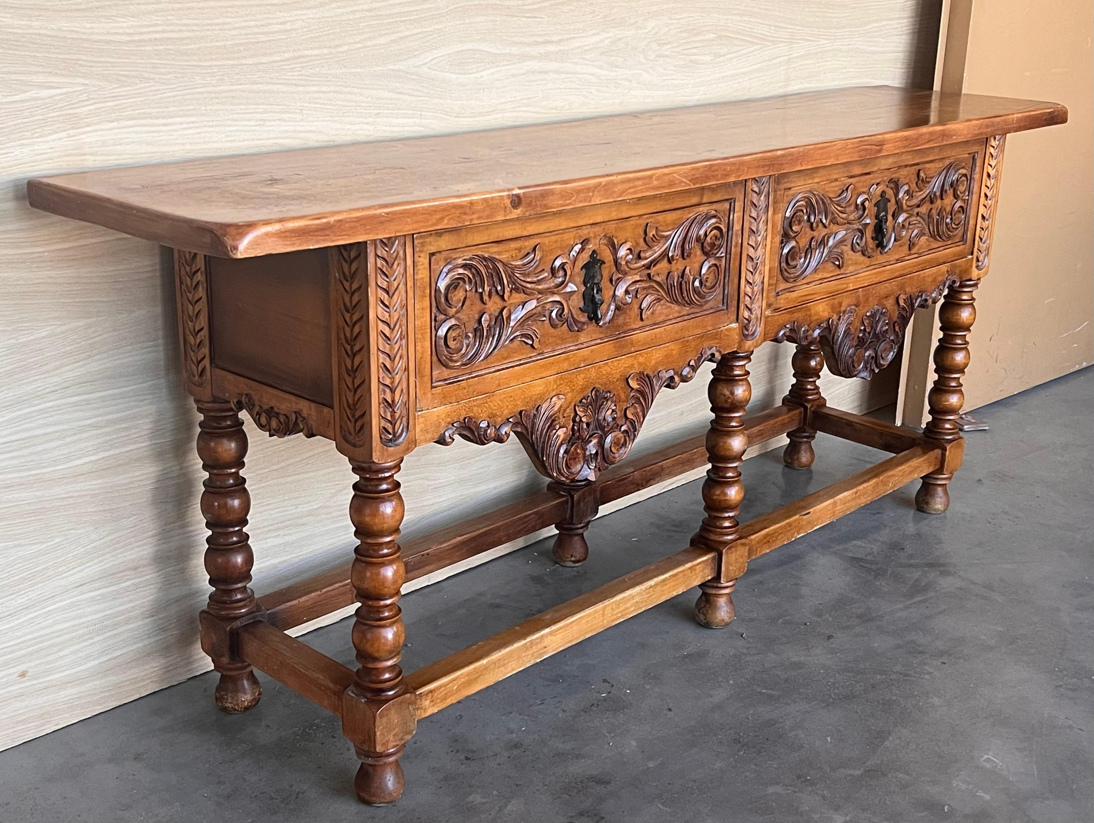 18th Century Early 20th Large Carved Walnut Console Table with two drawers For Sale
