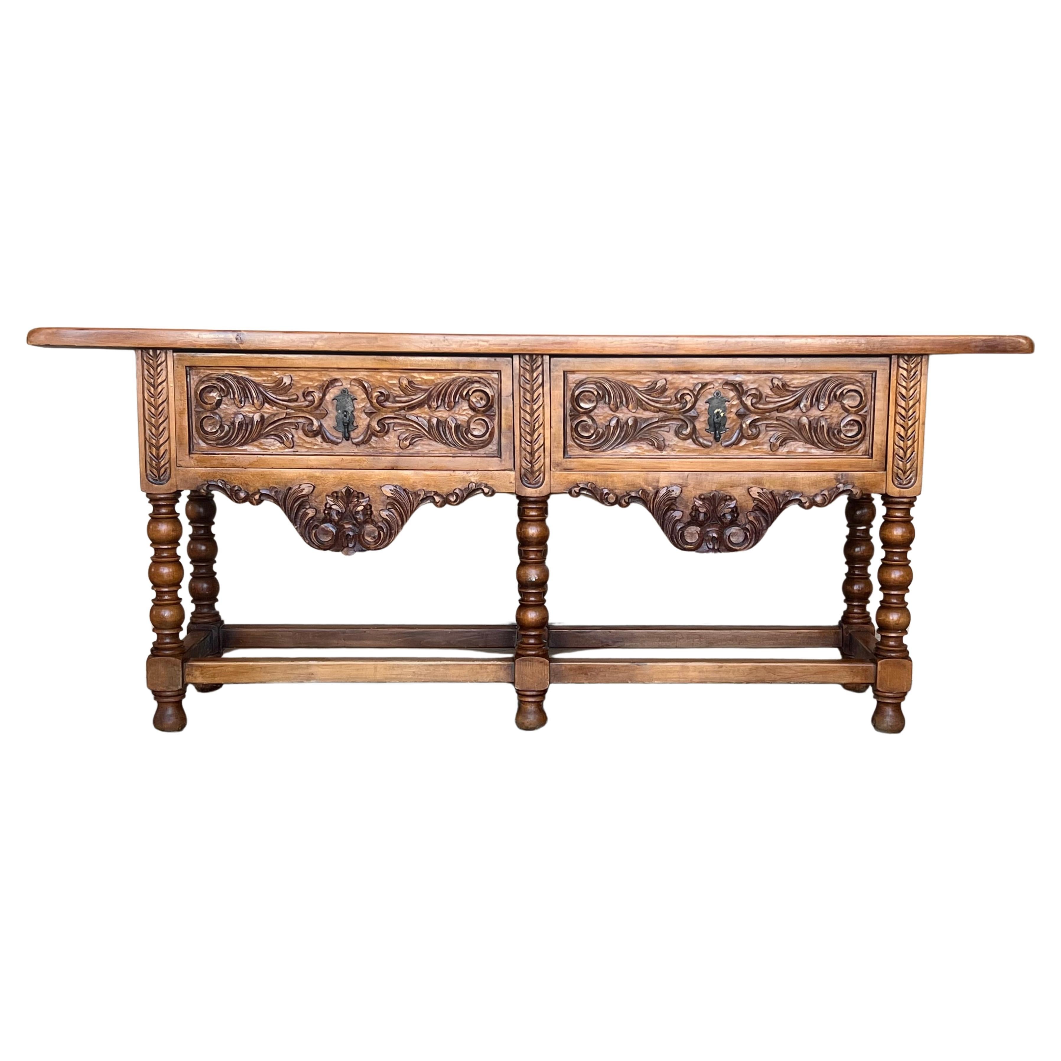 Grande table console sculptée du début du 20e siècle avec deux tiroirs