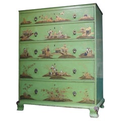 Early 20th Large Mist Green & Gilt Chinoiserie Chest of Drawers