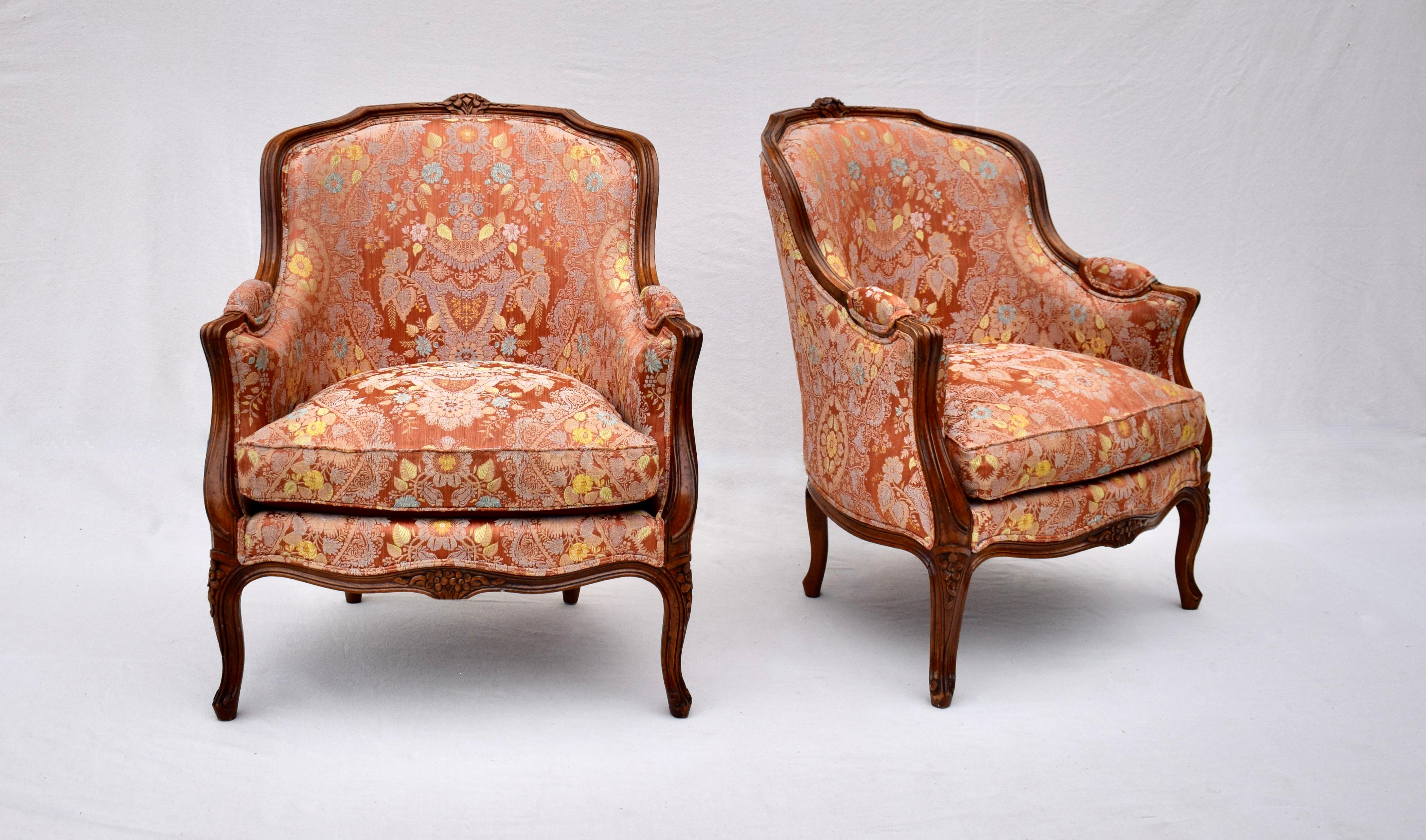 Carved Early 20th C. Louis XV Style French Bergere Chairs, Pair