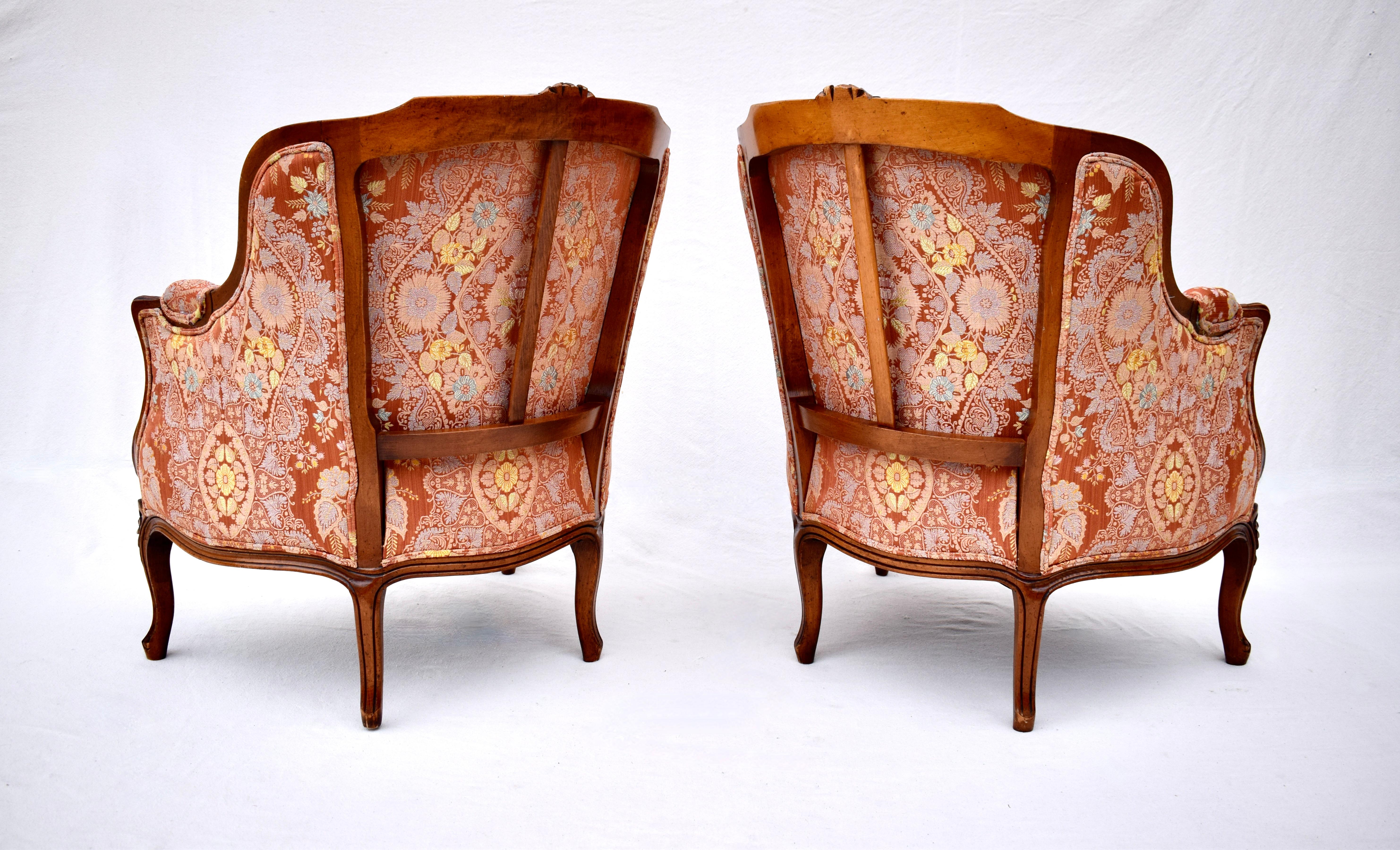 Damask Early 20th C. Louis XV Style French Bergere Chairs, Pair