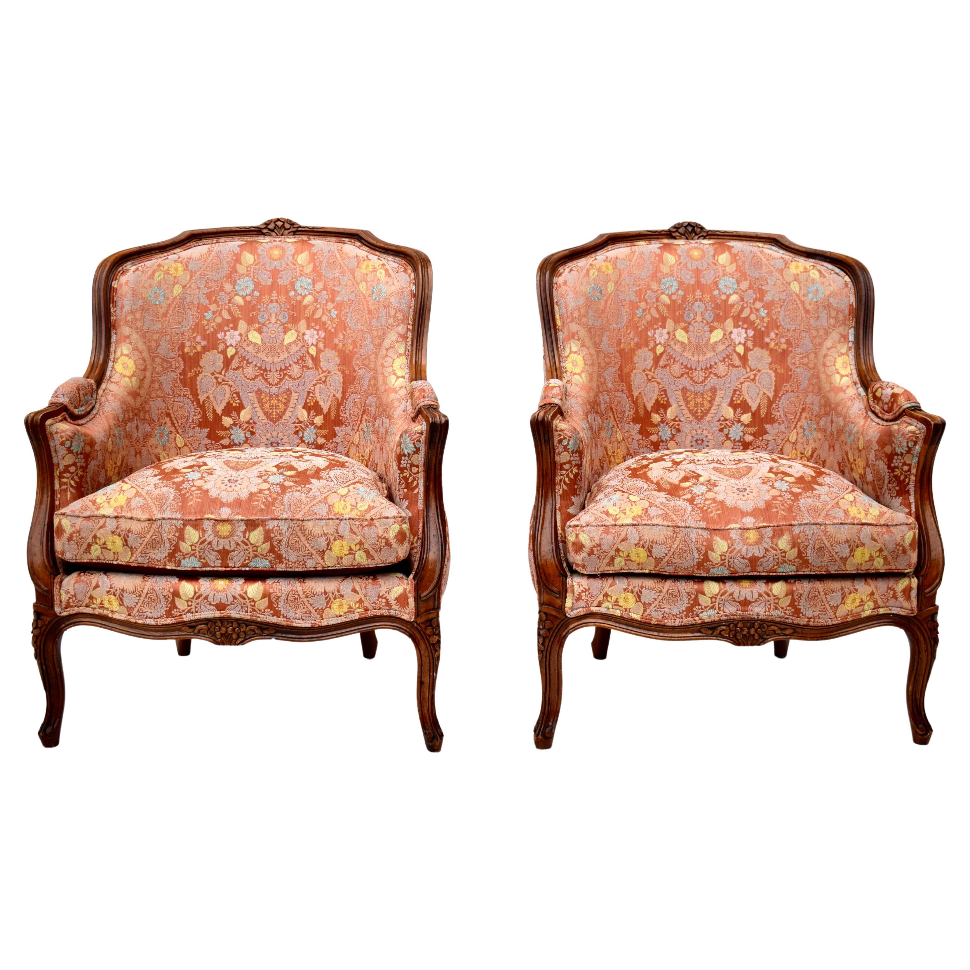 Pair of Antique 19th Century Gold Leaf Louis XV Style Bergere