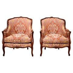 Antique Early 20th C. Louis XV Style French Bergere Chairs, Pair