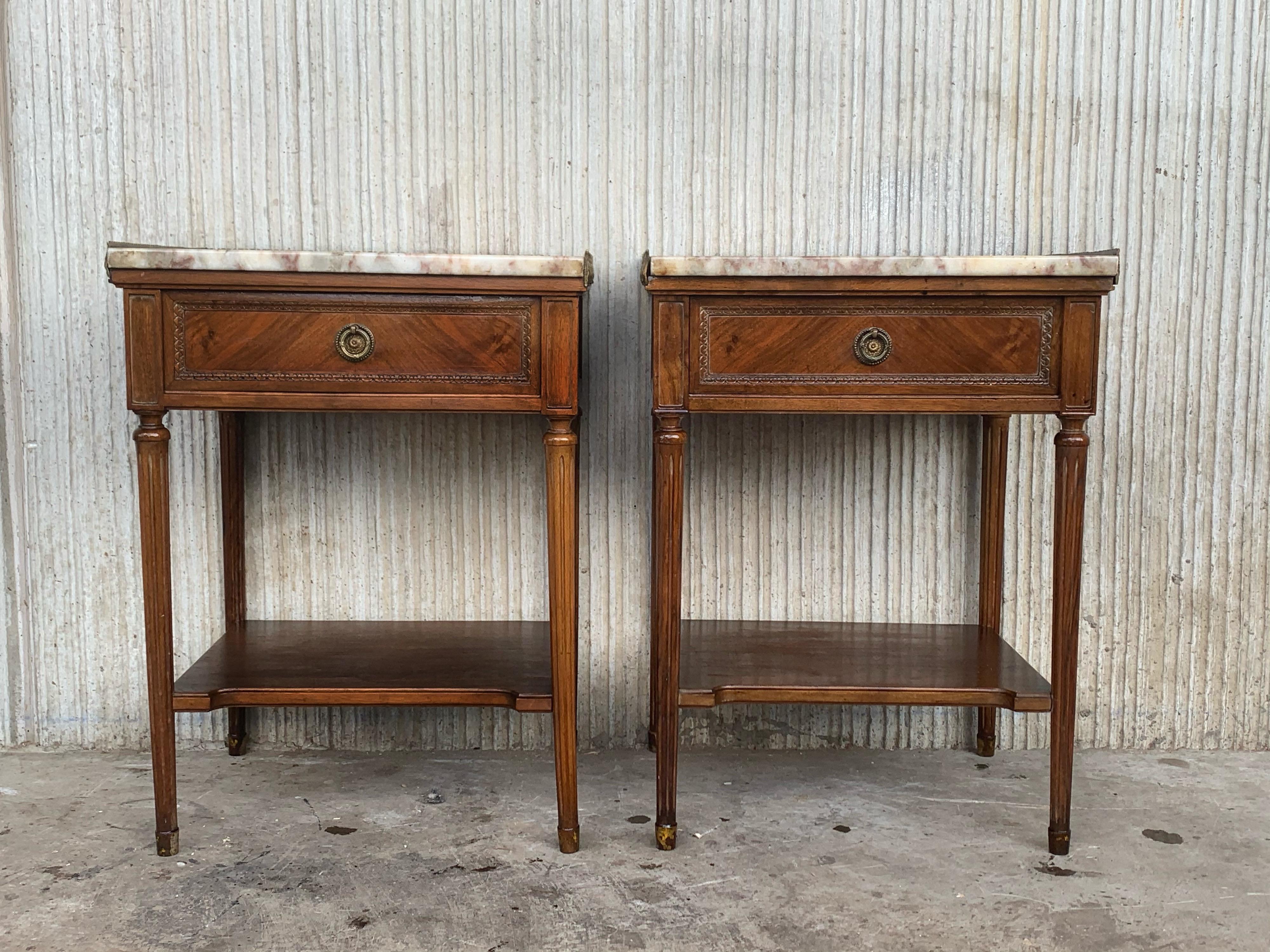 Neoclassical Revival Early 20th Century Pair of French Nightstands with One-Drawer and Marble Top