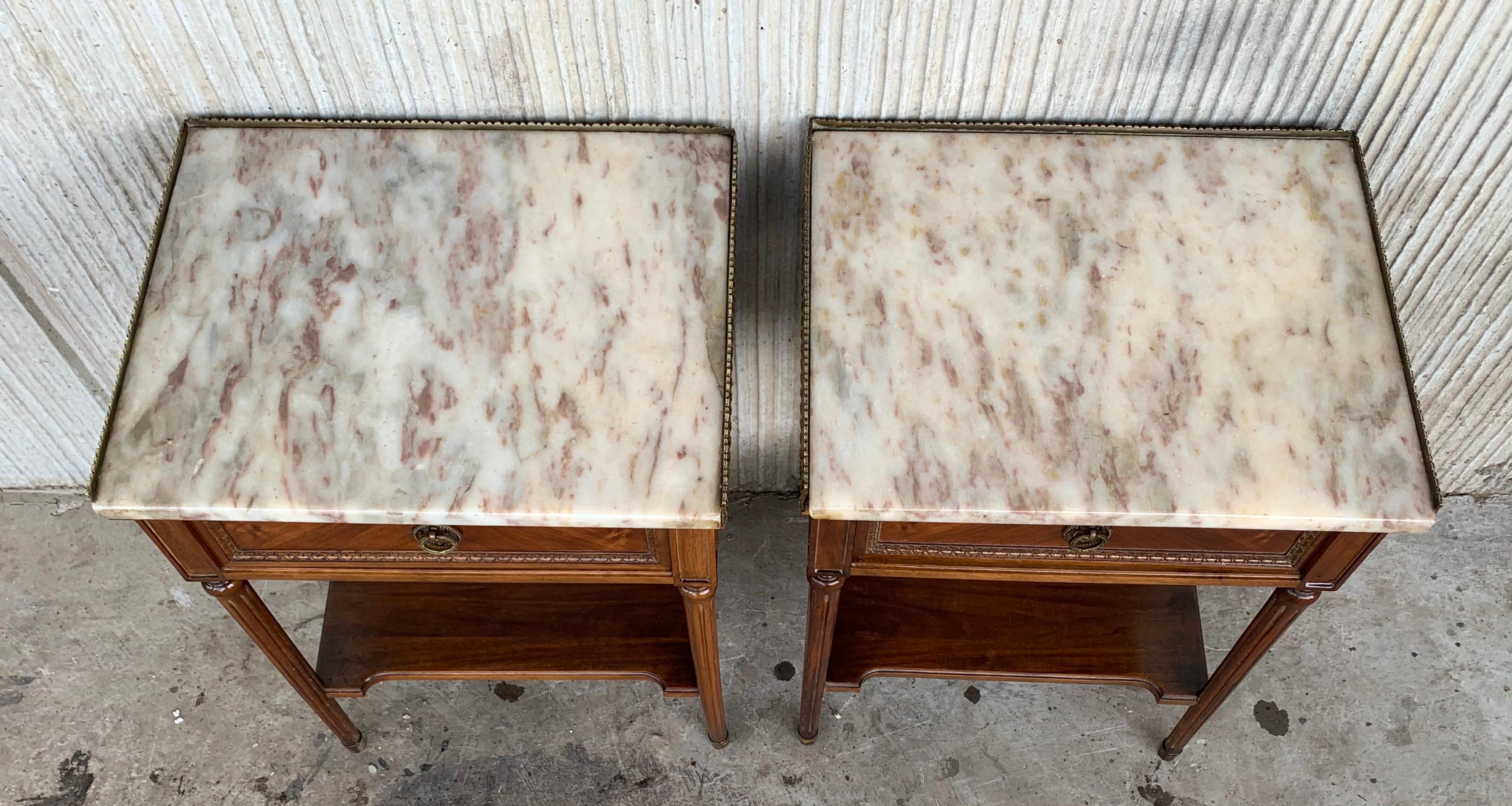 Bronze Early 20th Century Pair of French Nightstands with One-Drawer and Marble Top