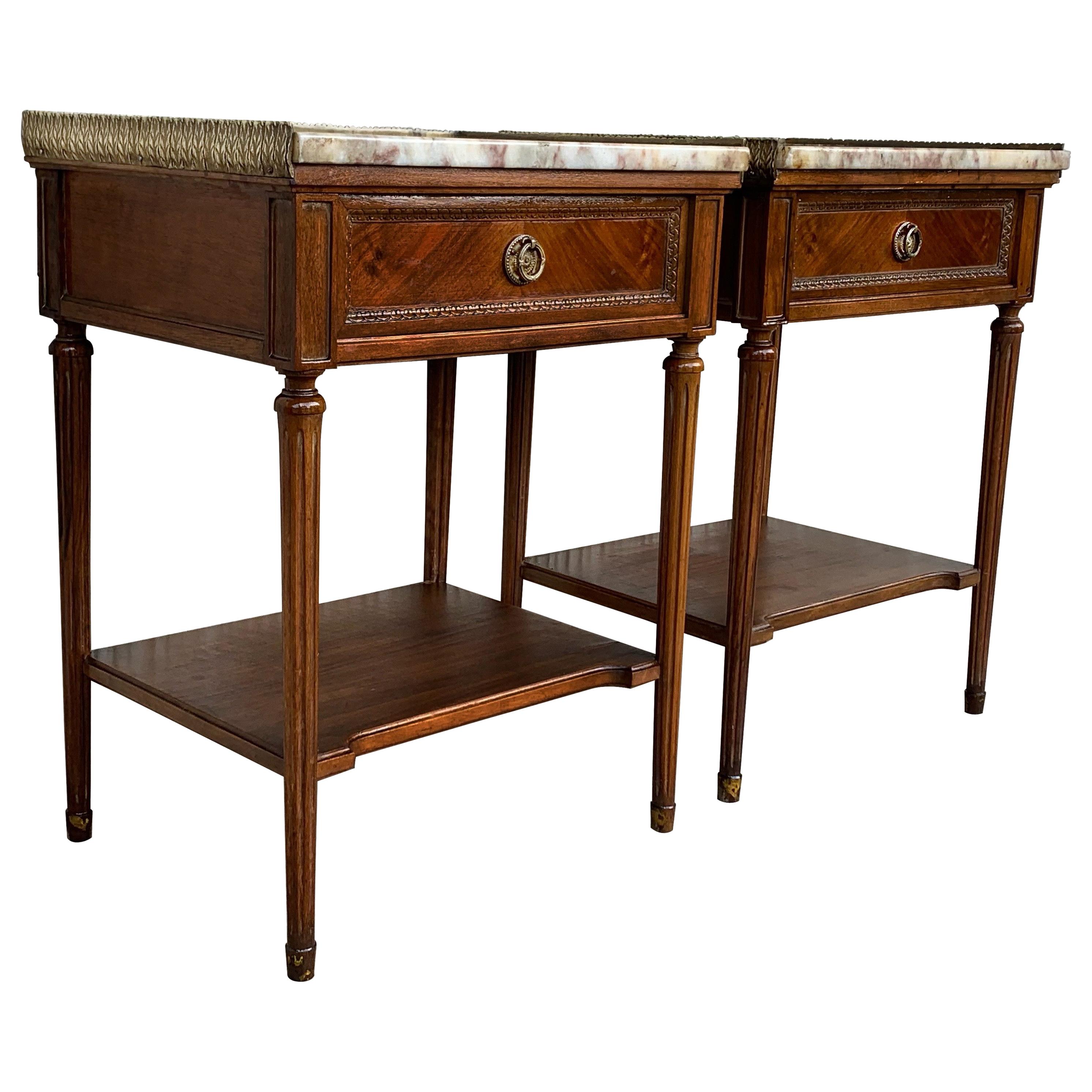 Early 20th Century Pair of French Nightstands with One-Drawer and Marble Top