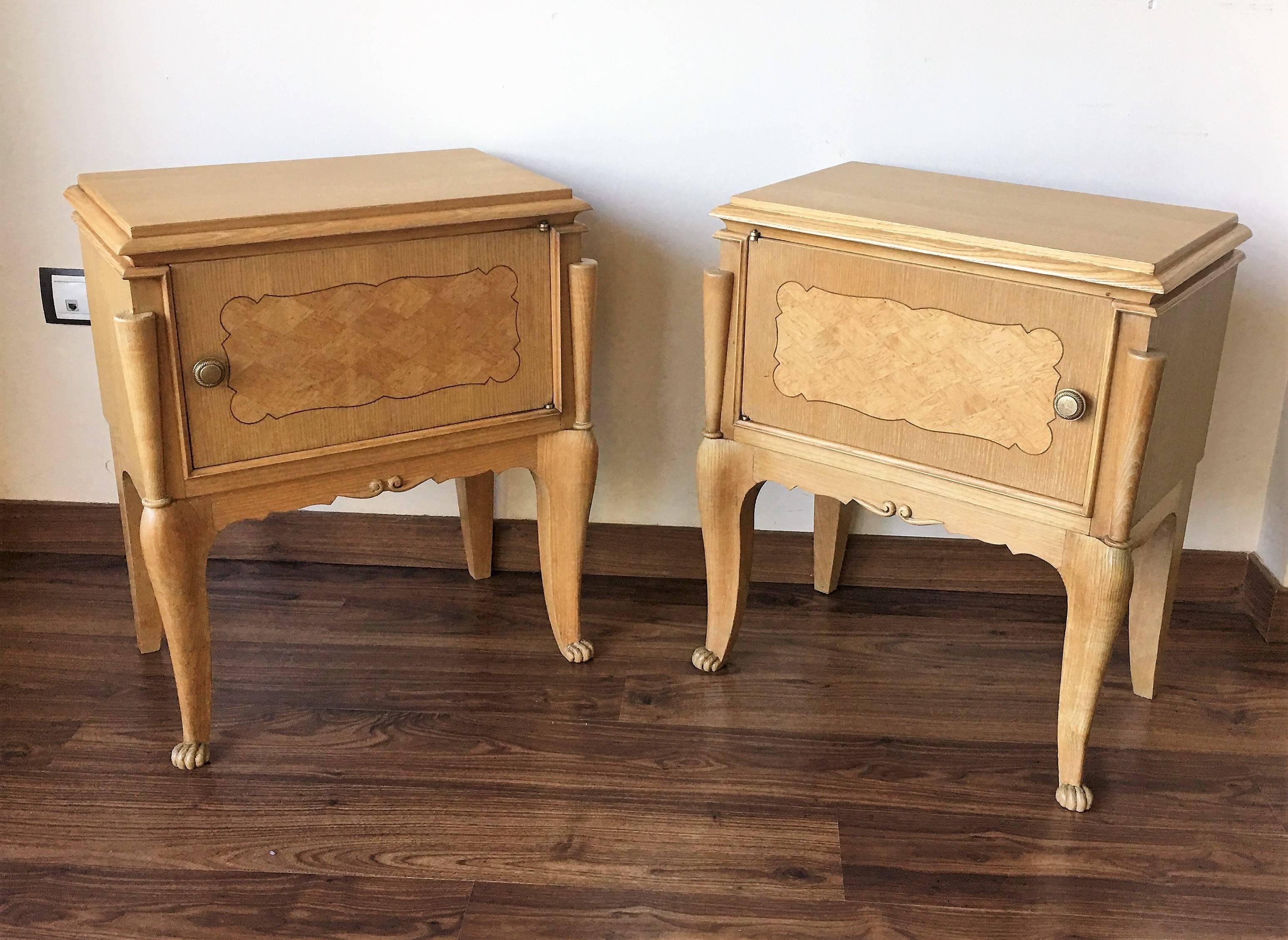 Baroque Revival Pair of Nightstands or Side Tables with One Door and Inlay, Bed Side