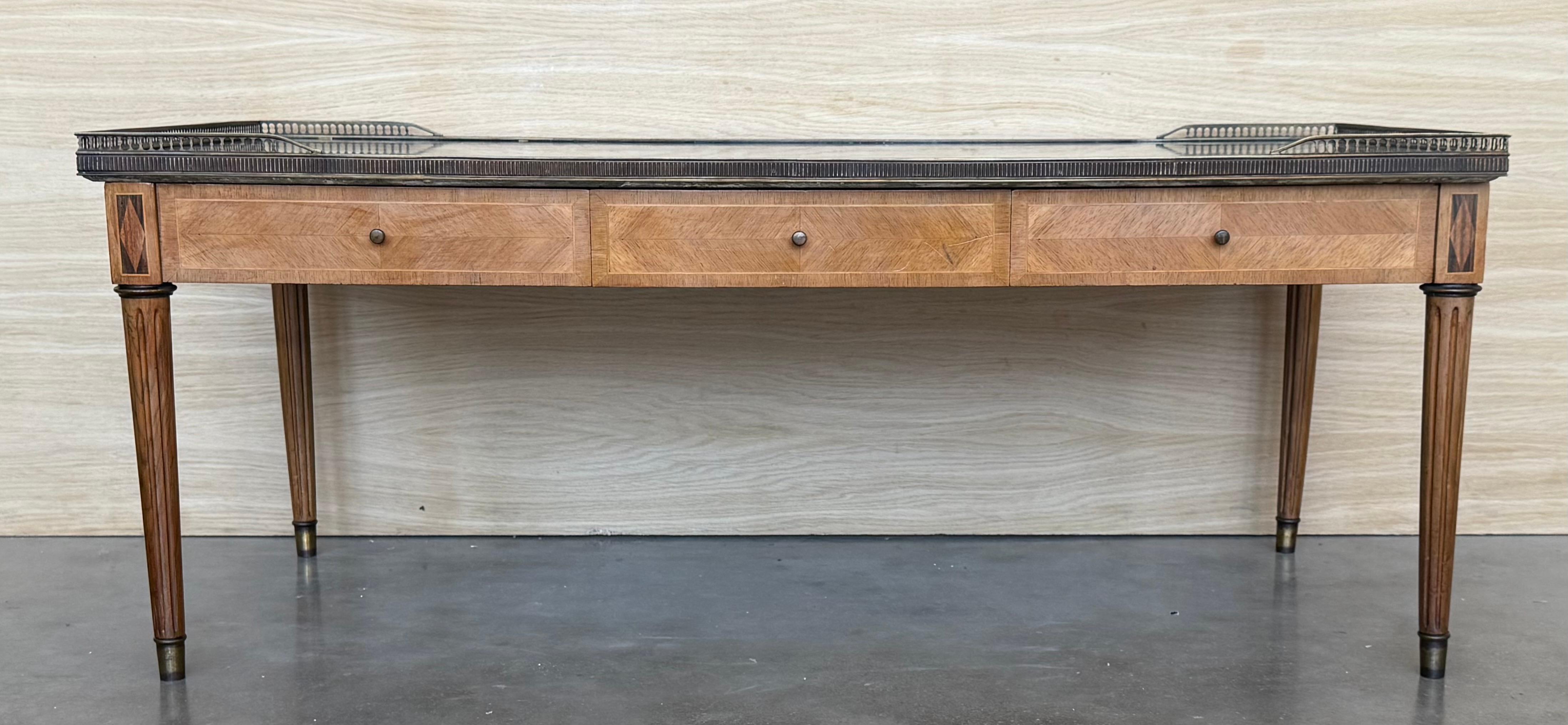Early 20th Rectangular Bouillotte Louis XVI Style Table with Fluted Legs and Two Drawers with Marble Top