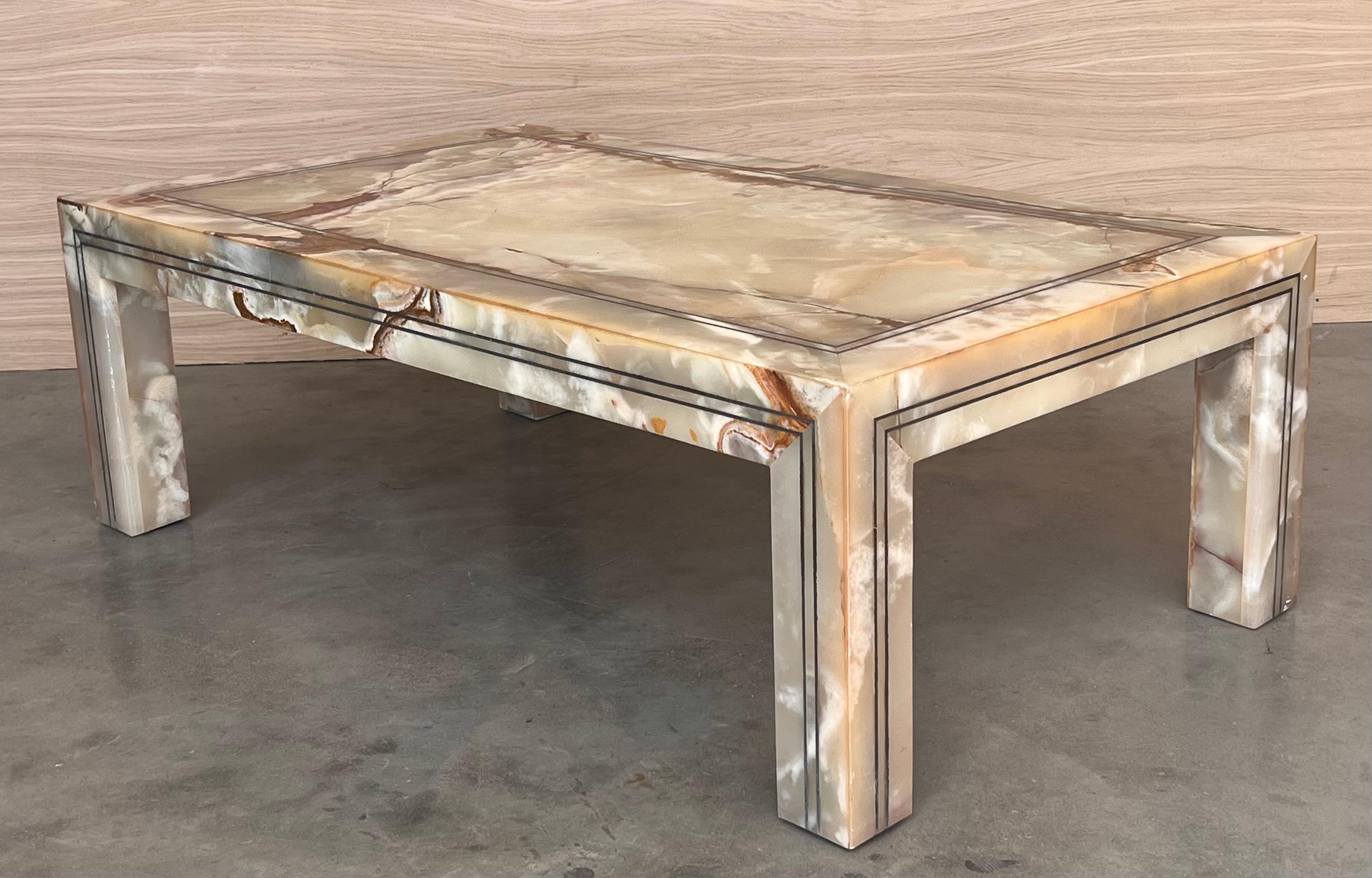 Early 20th Rectangular Green Onyx Coffee table  with Metal Marquetry For Sale 3