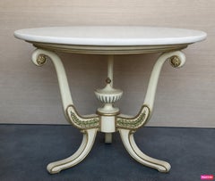 Early 20th Round coffee Table in Antique White with Handmade Painted flours