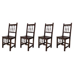 Antique Early 20th Set of Four Spanish Carved Chairs with Wood Seat