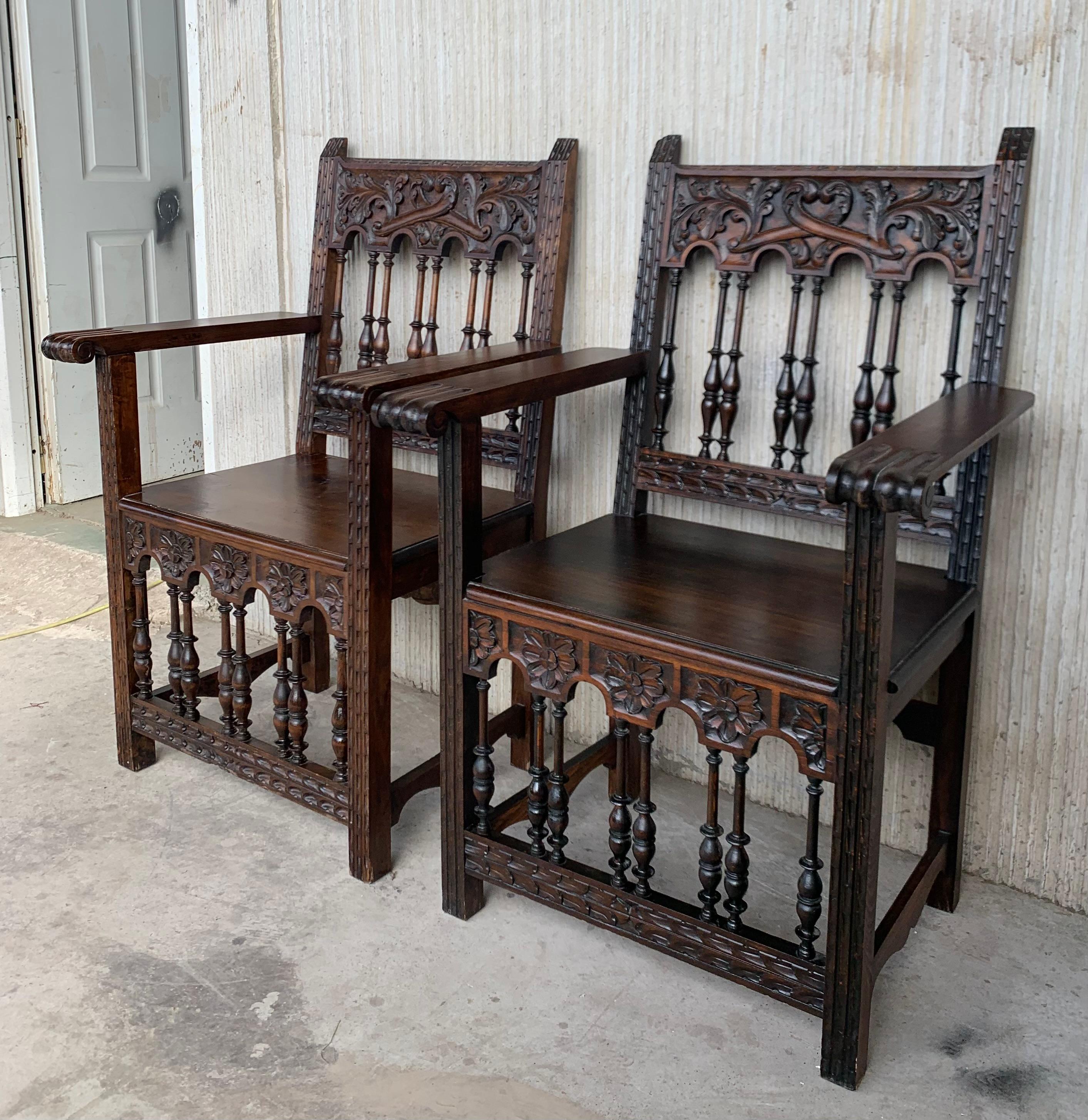 Baroque Early 20th Set of Six Spanish Carved Chairs & Armchairs with Wood Seat
