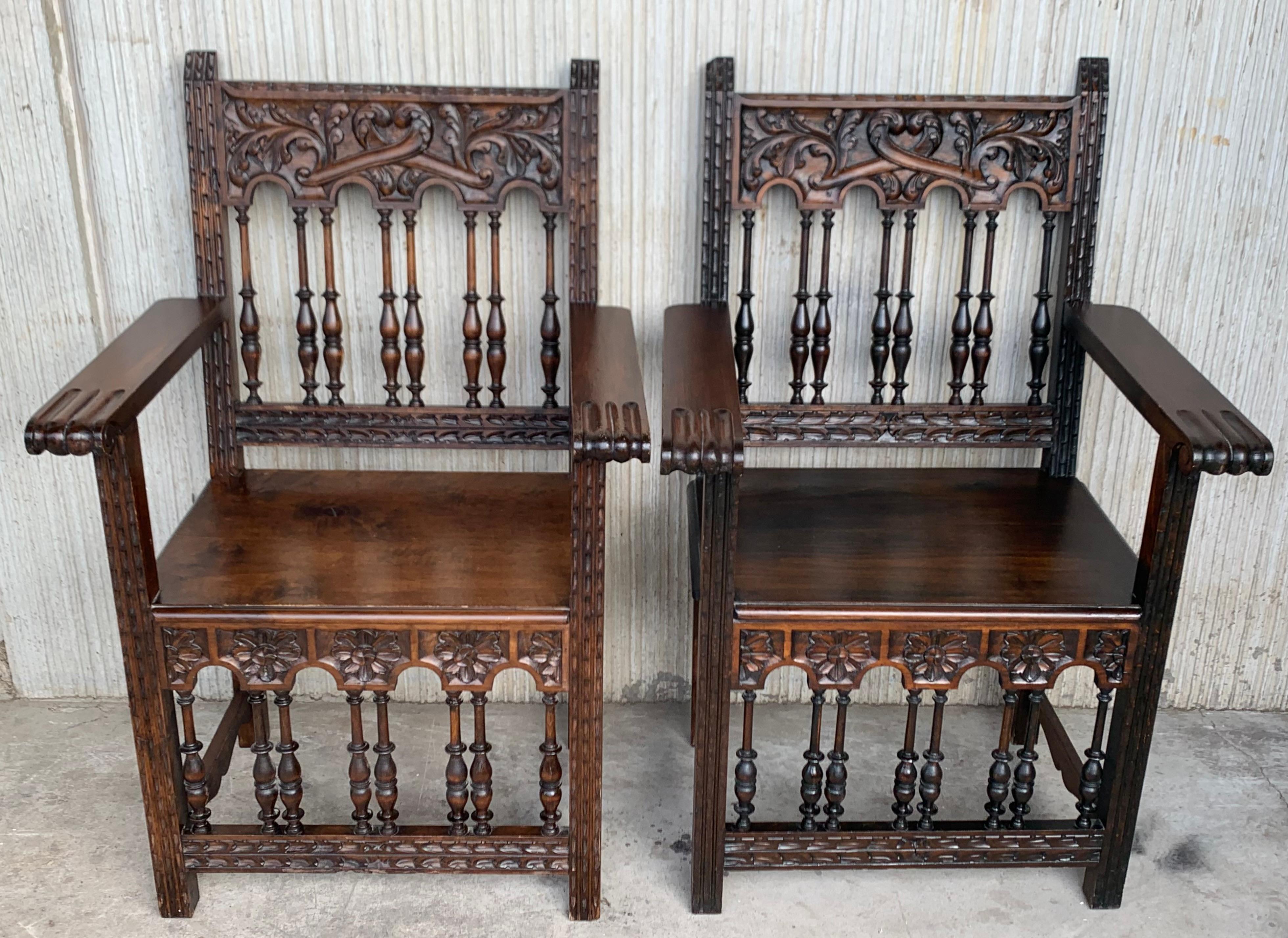 Hand-Carved Early 20th Set of Six Spanish Carved Chairs & Armchairs with Wood Seat