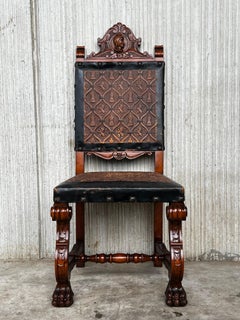 Early 20th Set of Six Spanish Carved Chairs with Black & Brown Embossed Leather