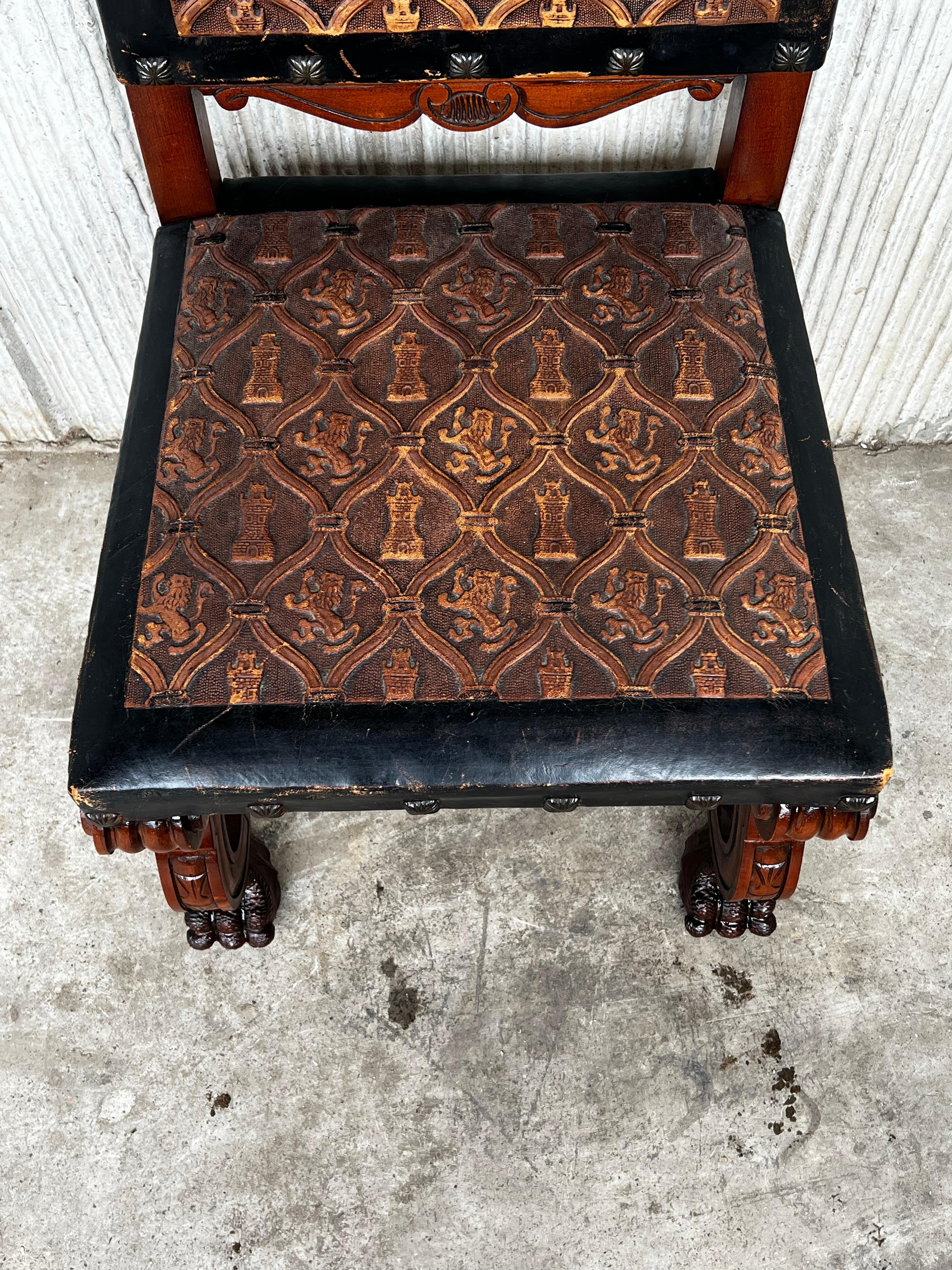 Early 20th Set of Six Spanish Carved Chairs with Black & Brown Embossed Leather  For Sale 1