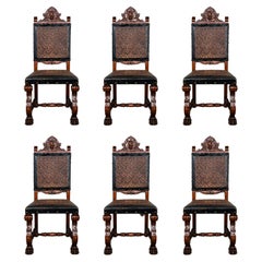 Early 20th Set of Six Spanish Carved Chairs with Black & Brown Embossed Leather 