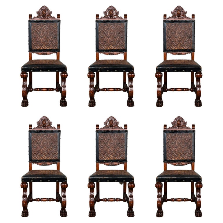 Early 20th Set of Six Spanish Carved Chairs with Black and Brown