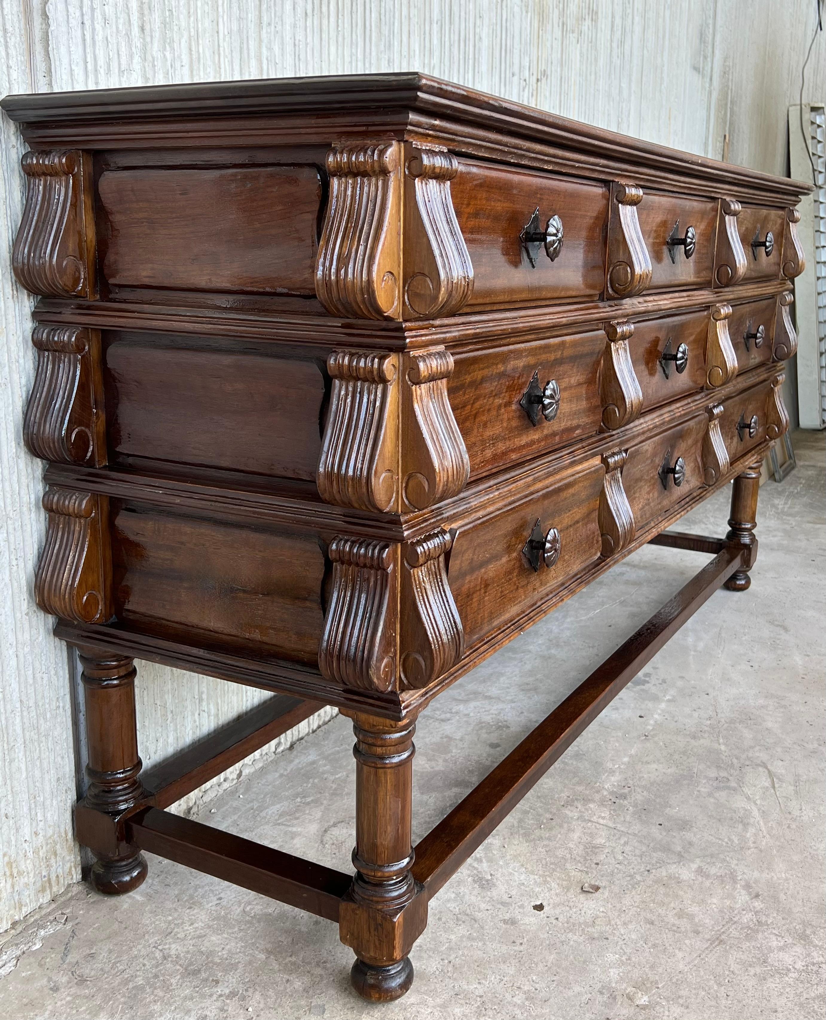 Early 20th Spanish Carved Chest of Drawers with Original Hardware 4