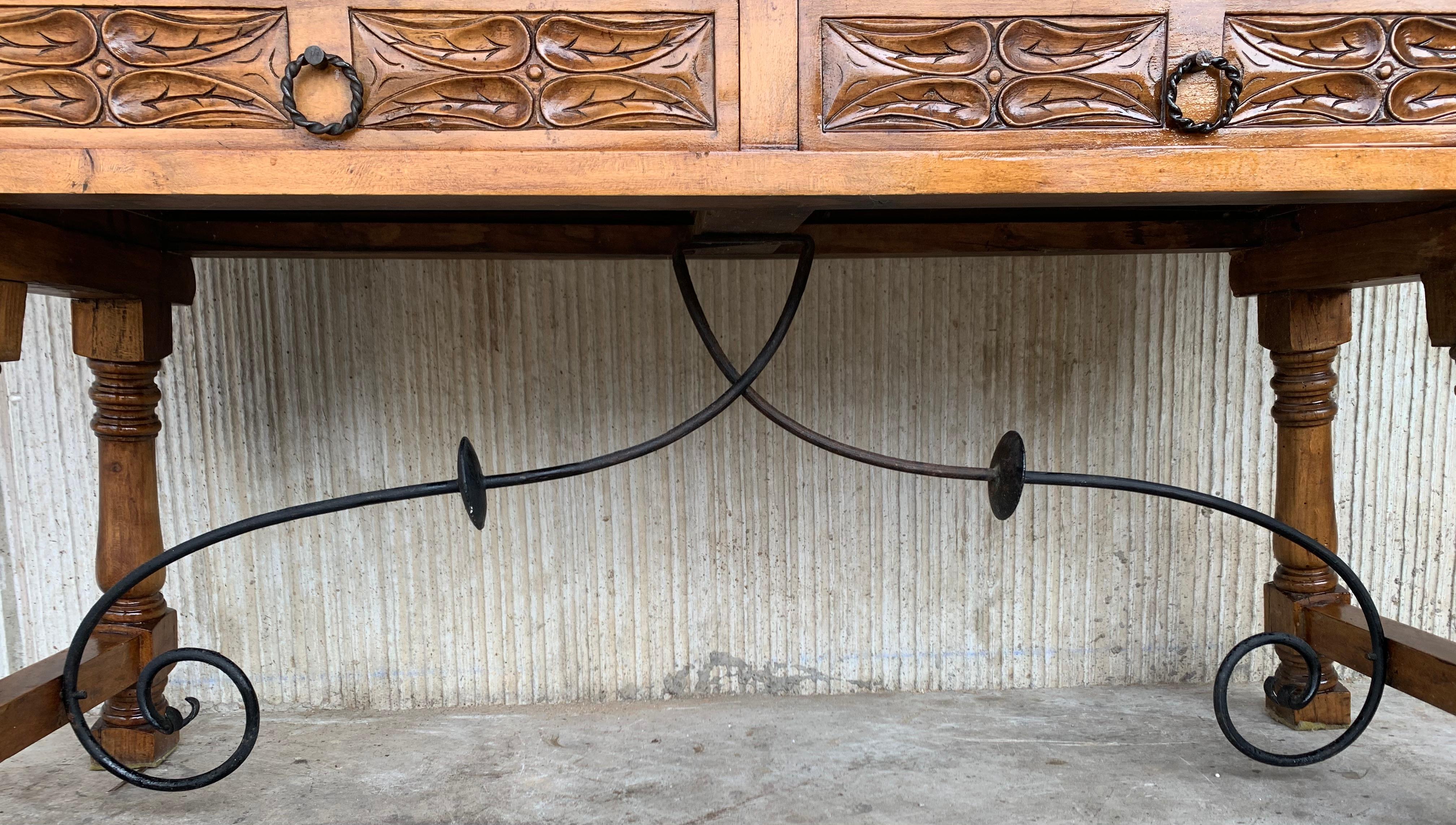 Early 20th Spanish Console Fold Out Table with Iron Stretcher and Two Drawers 5