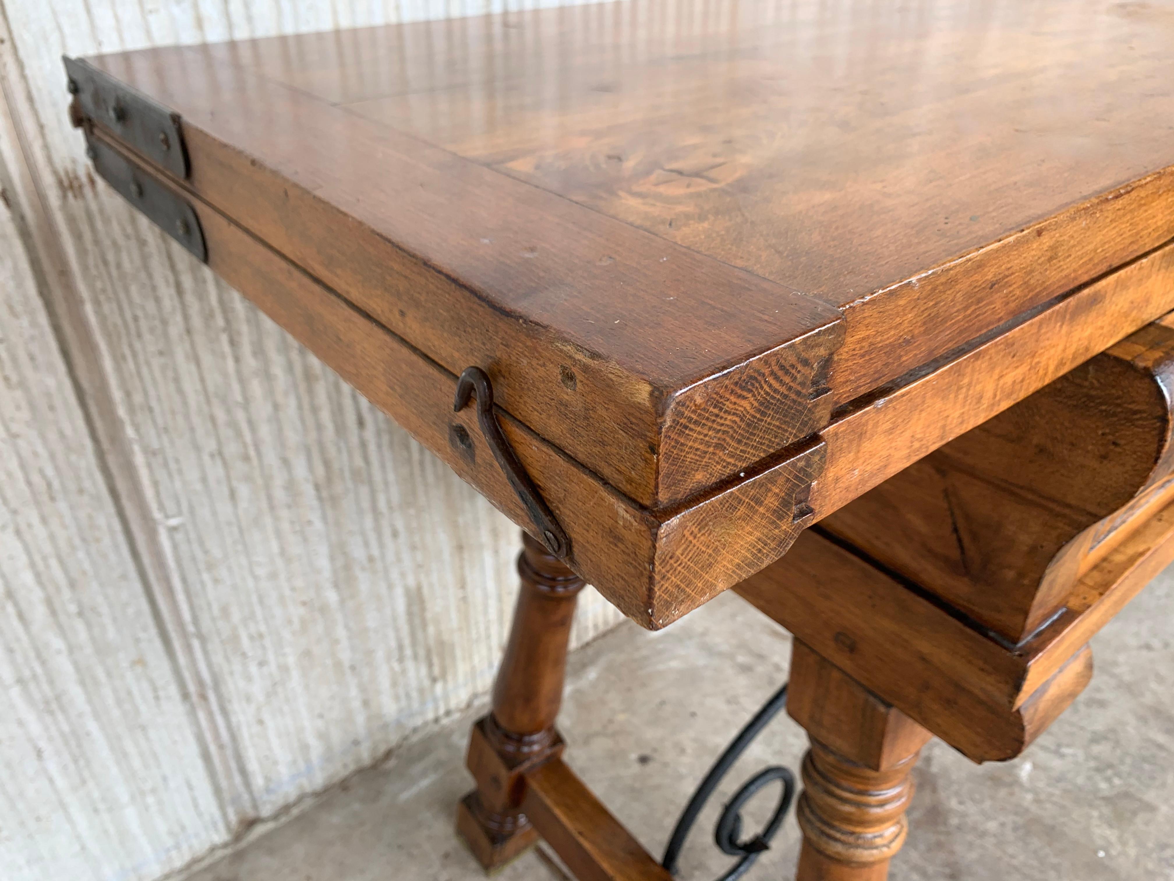 Early 20th Spanish Console Fold Out Table with Iron Stretcher and Two Drawers 7