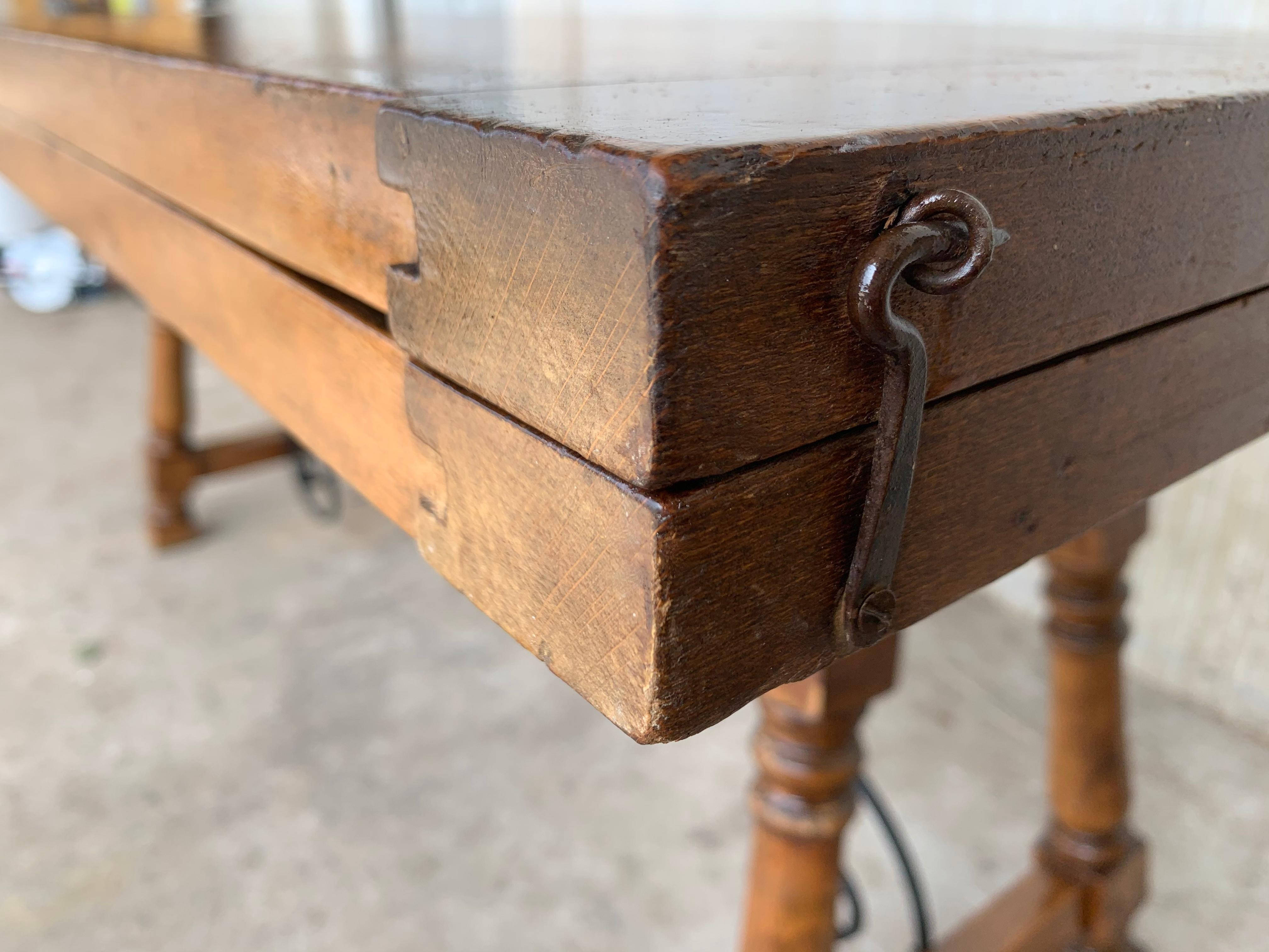 Early 20th Spanish Console Fold Out Table with Iron Stretcher and Two Drawers 8