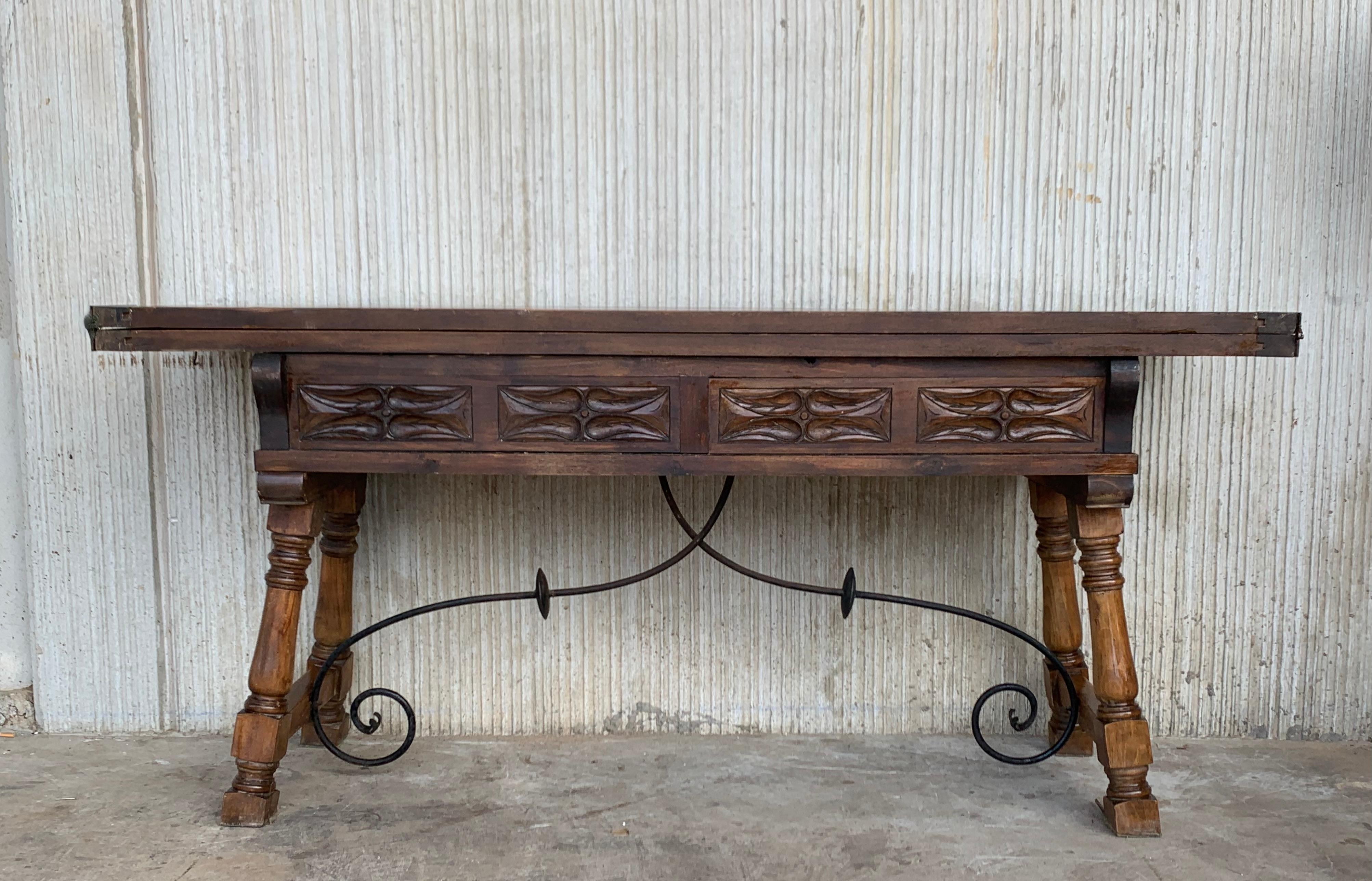 Early 20th Spanish Console Fold Out Table with Iron Stretcher and Two Drawers 9