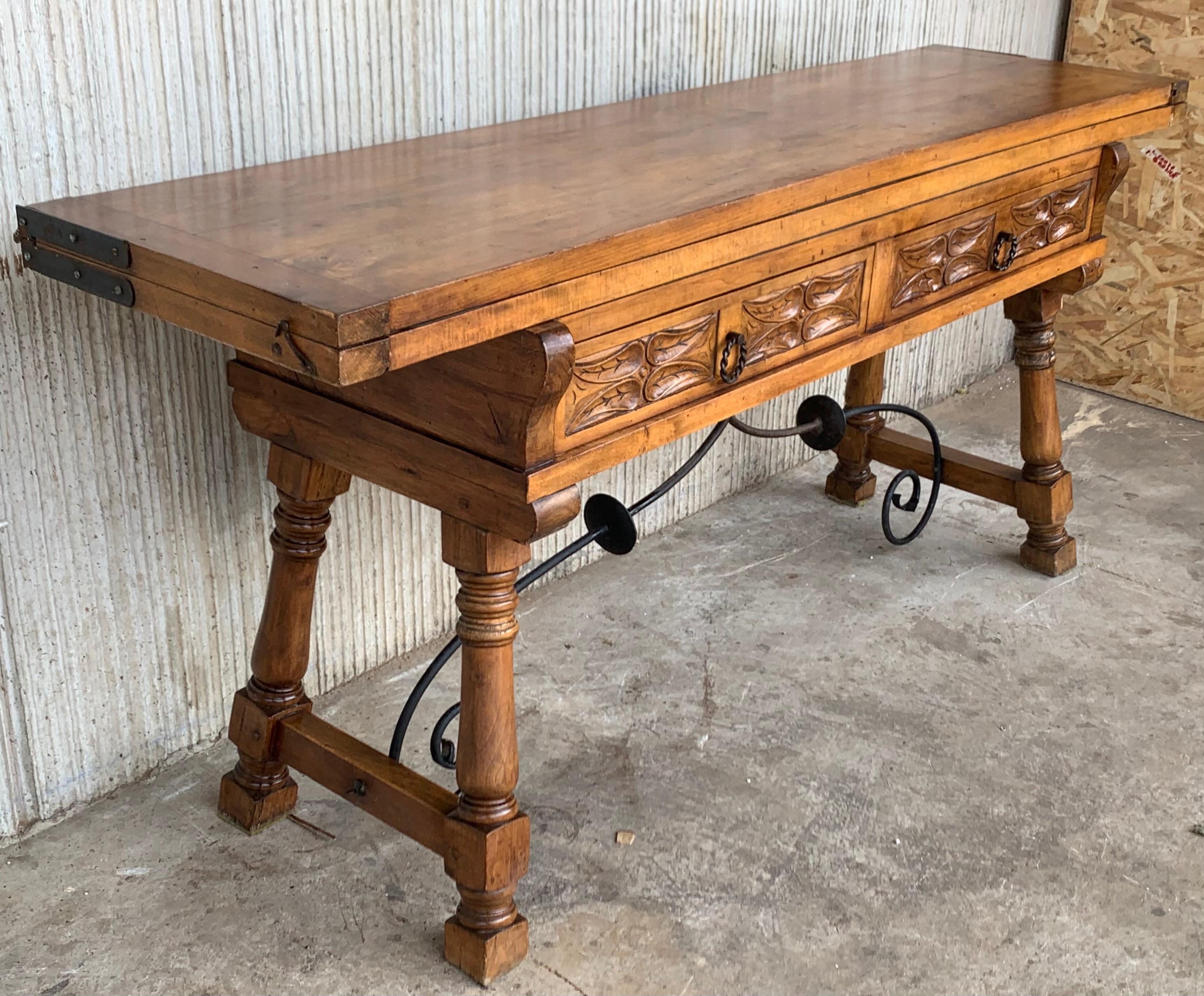 Spanish Colonial Early 20th Spanish Console Fold Out Table with Iron Stretcher and Two Drawers