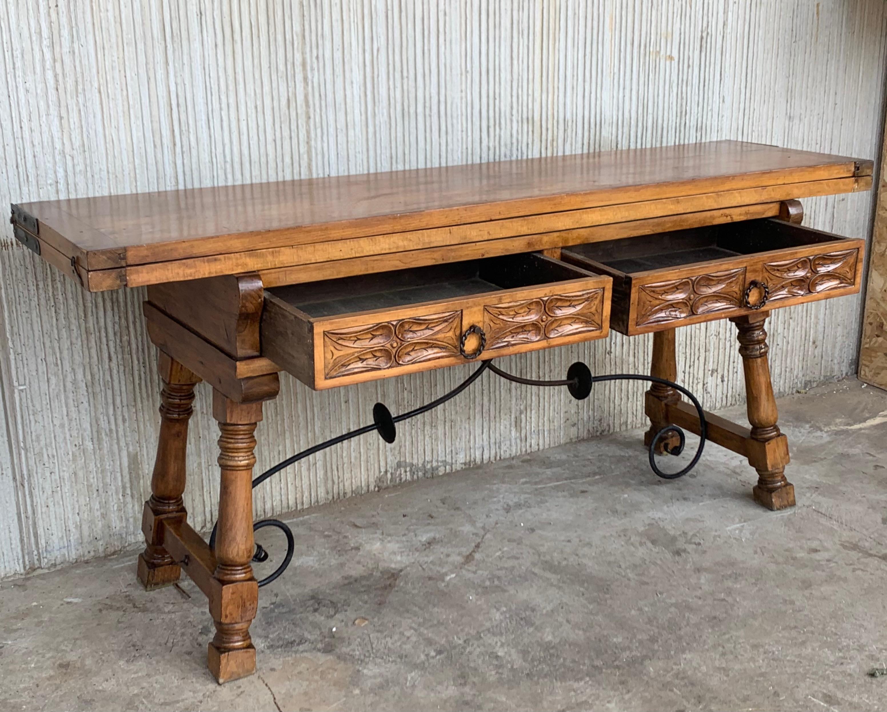 Early 20th Spanish Console Fold Out Table with Iron Stretcher and Two Drawers In Good Condition In Miami, FL