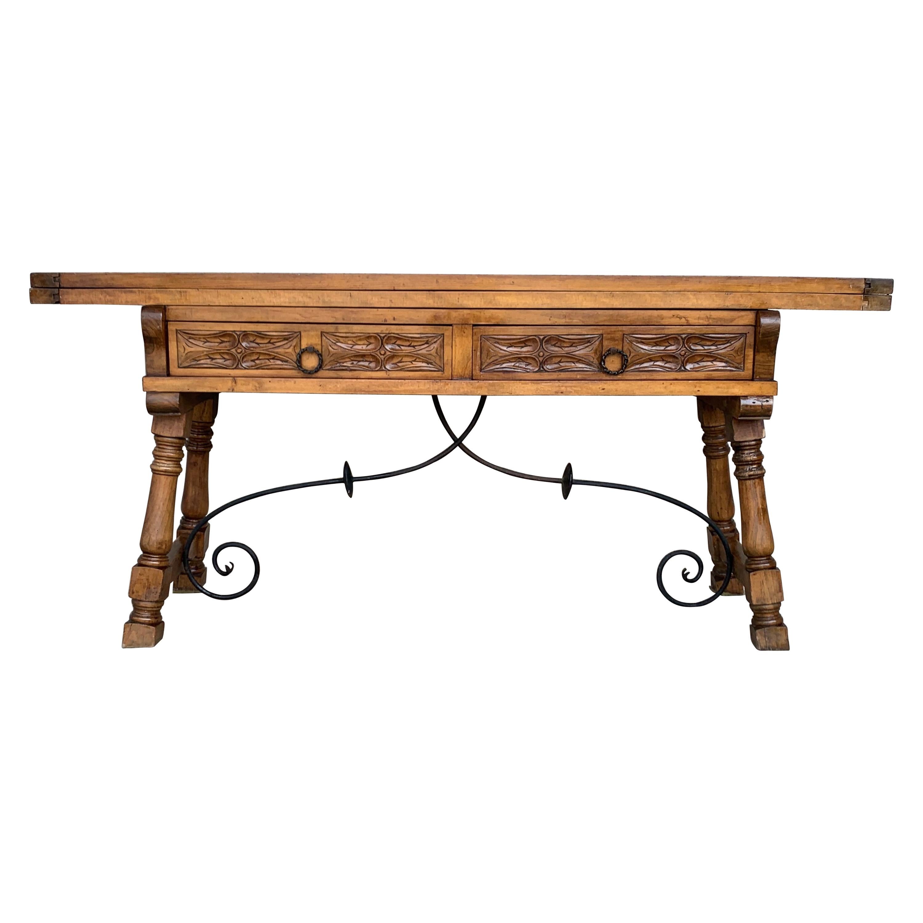 Early 20th Spanish Console Fold Out Table with Iron Stretcher and Two Drawers