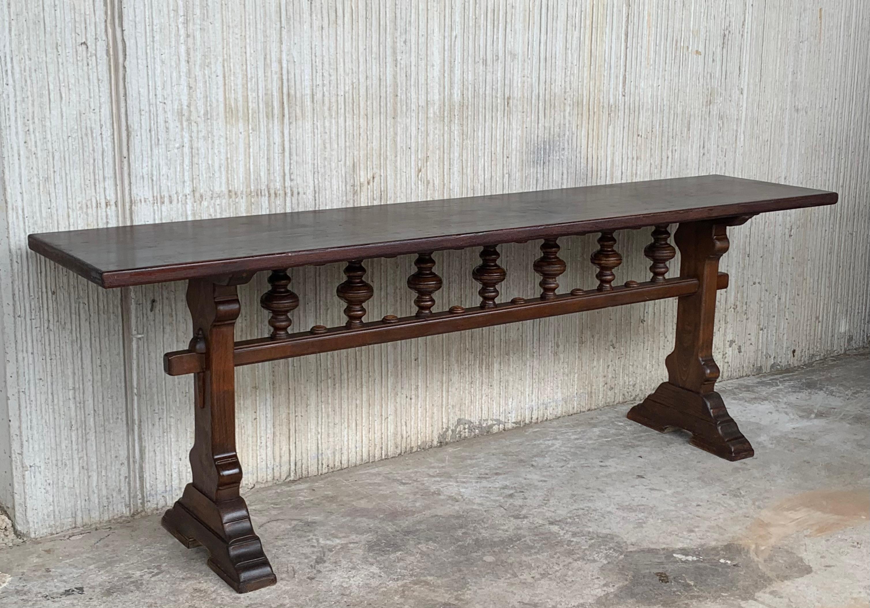 Carved Early 20th Spanish Console Table with Two Pedestal Legs Joined