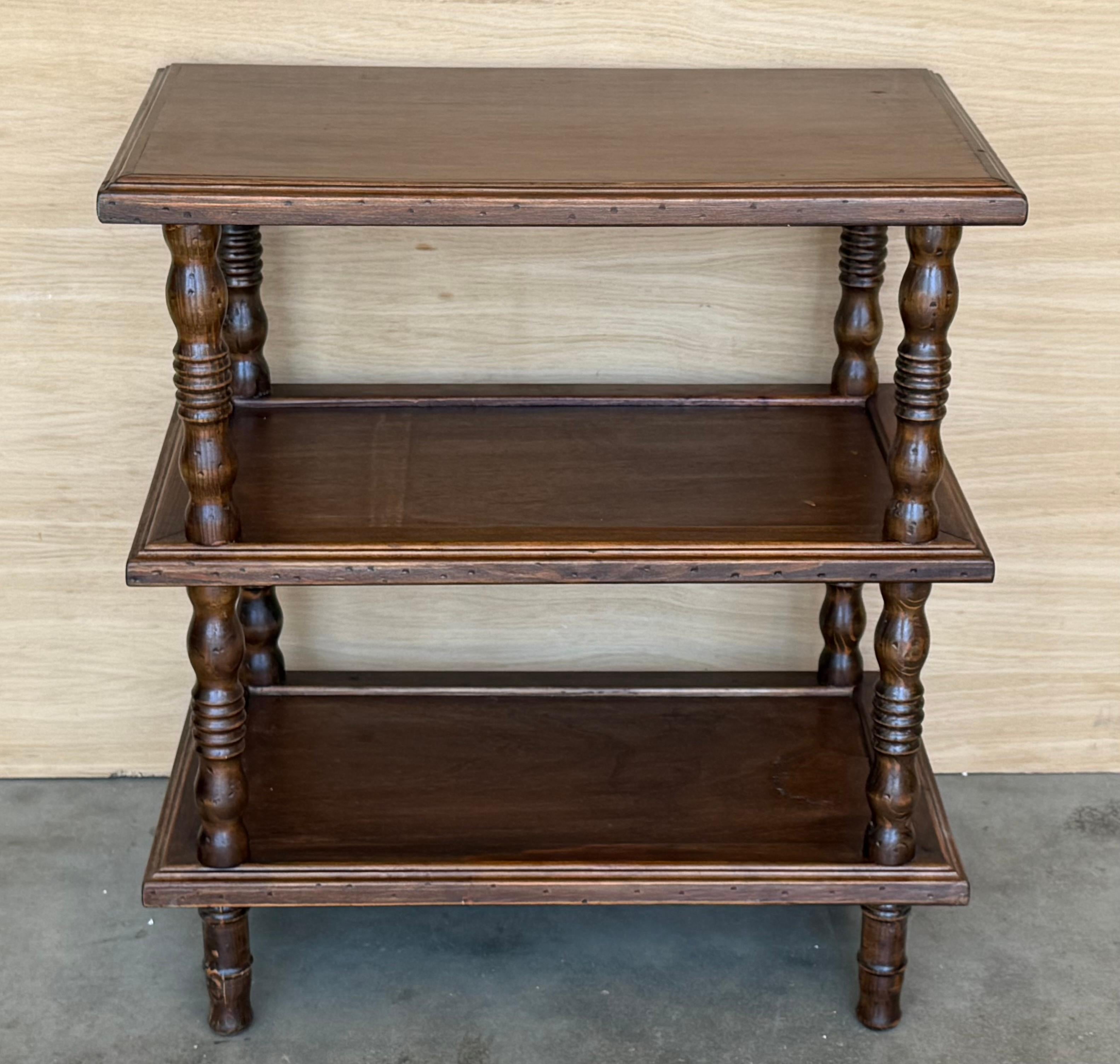 Spanish Colonial Early 20th Spanisht Walnut Side Table with Three Shelves or Narrow Console For Sale