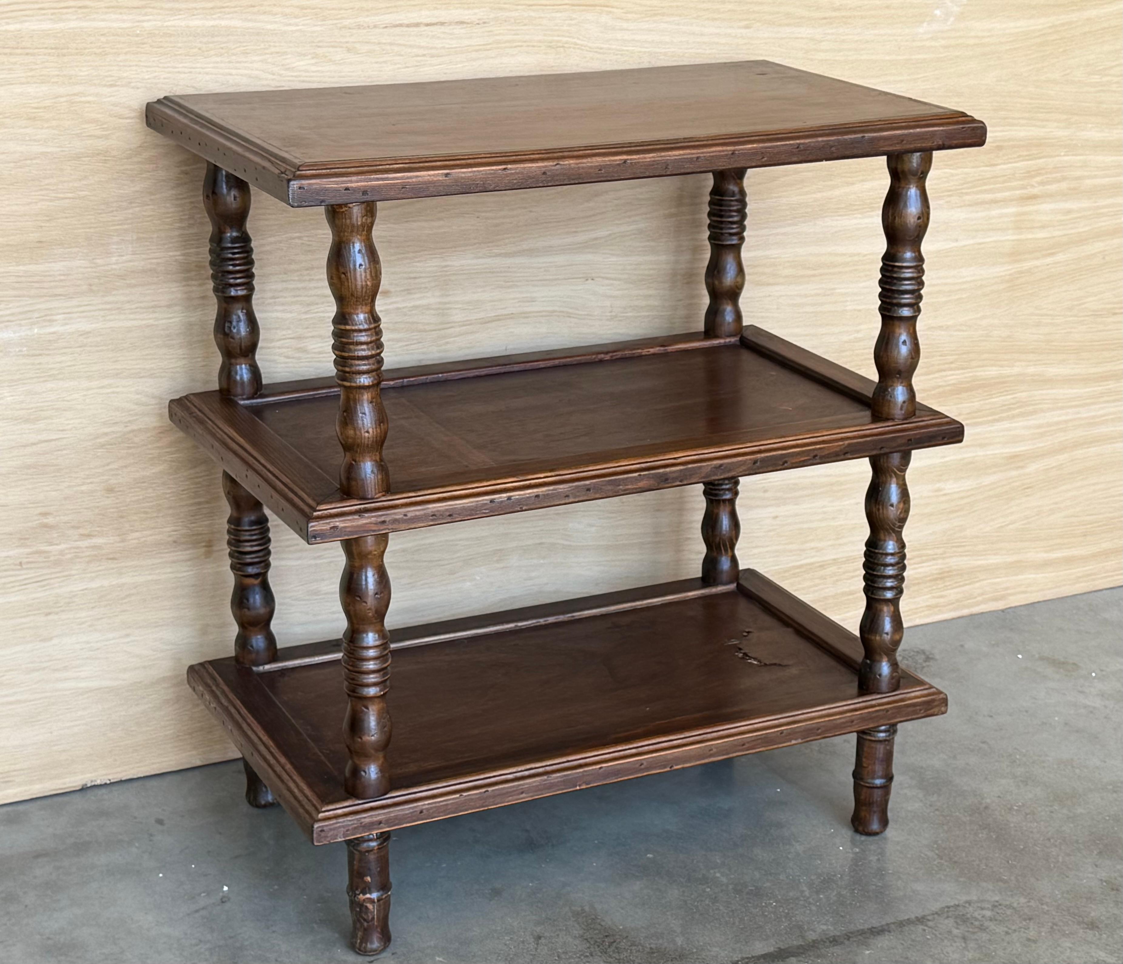 20th Century Early 20th Spanisht Walnut Side Table with Three Shelves or Narrow Console For Sale