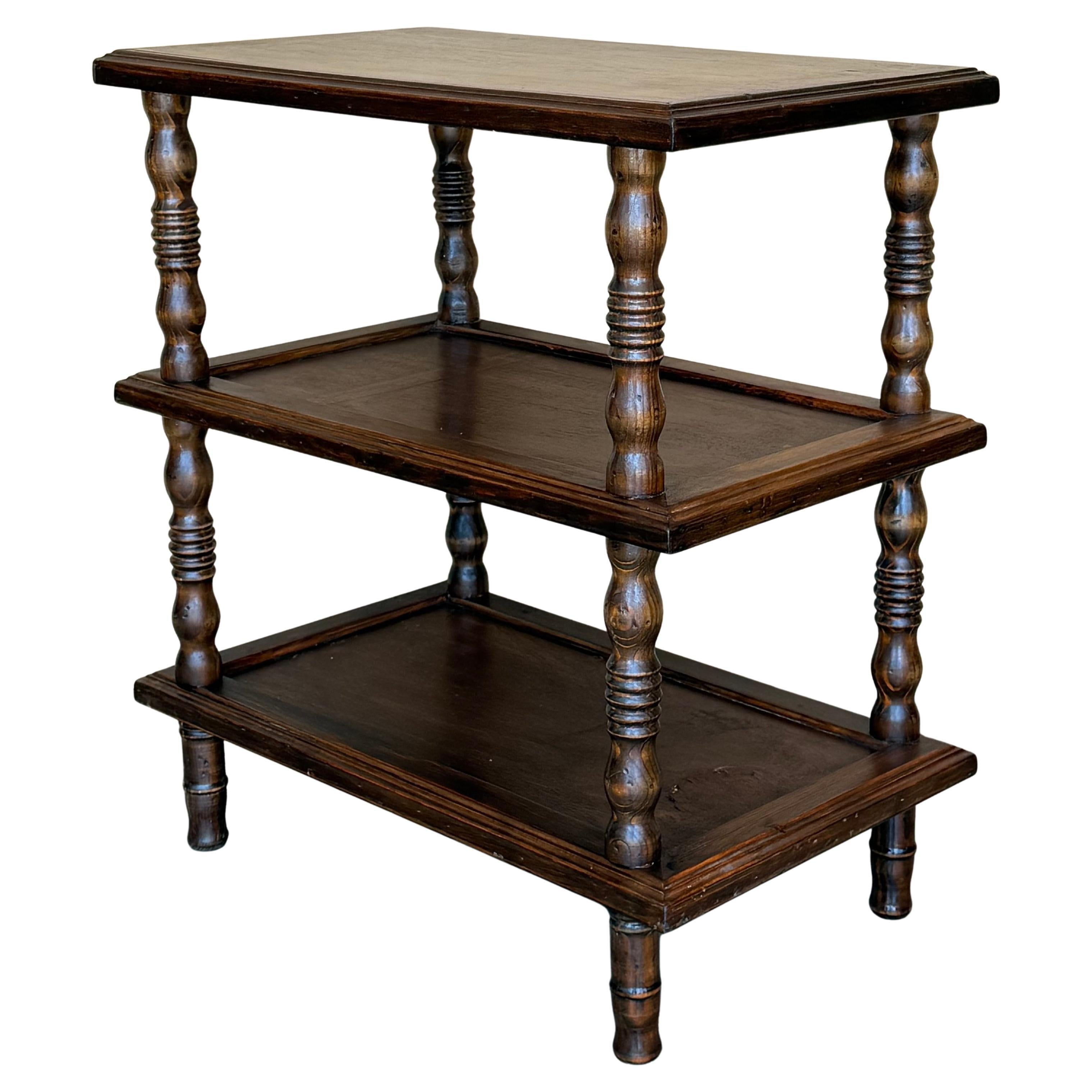 Early 20th Spanisht Walnut Side Table with Three Shelves or Narrow Console