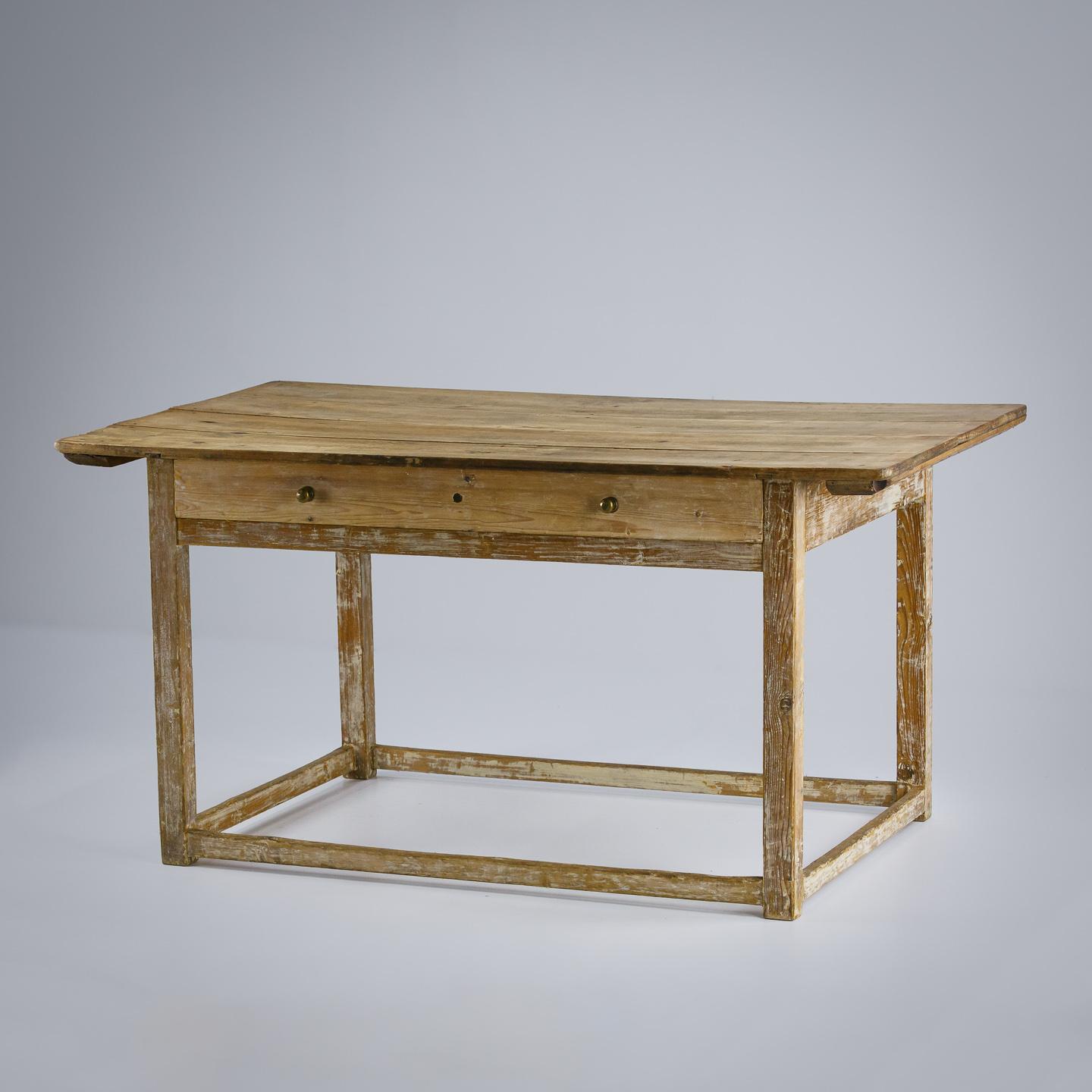 19th Century Swedish prep table, dry scraped base, with remnant paint finish, nice clean scrubbed plank boards. Large drawer. Good wear and patination. Sweden Circa 1900.