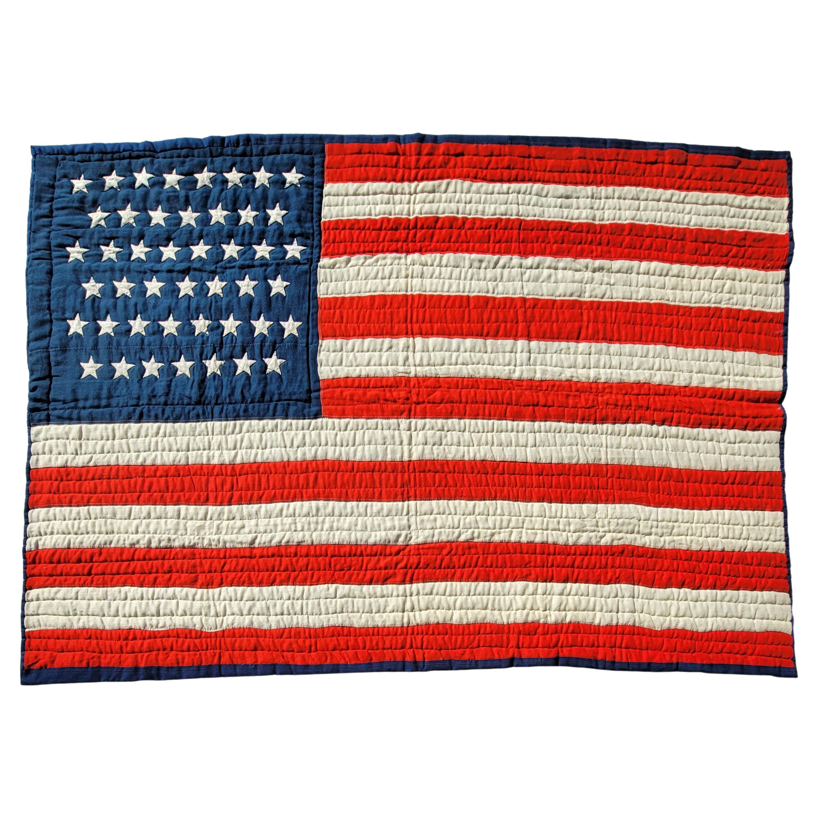 Early 20th C 45 Star Wool Flag Quilt