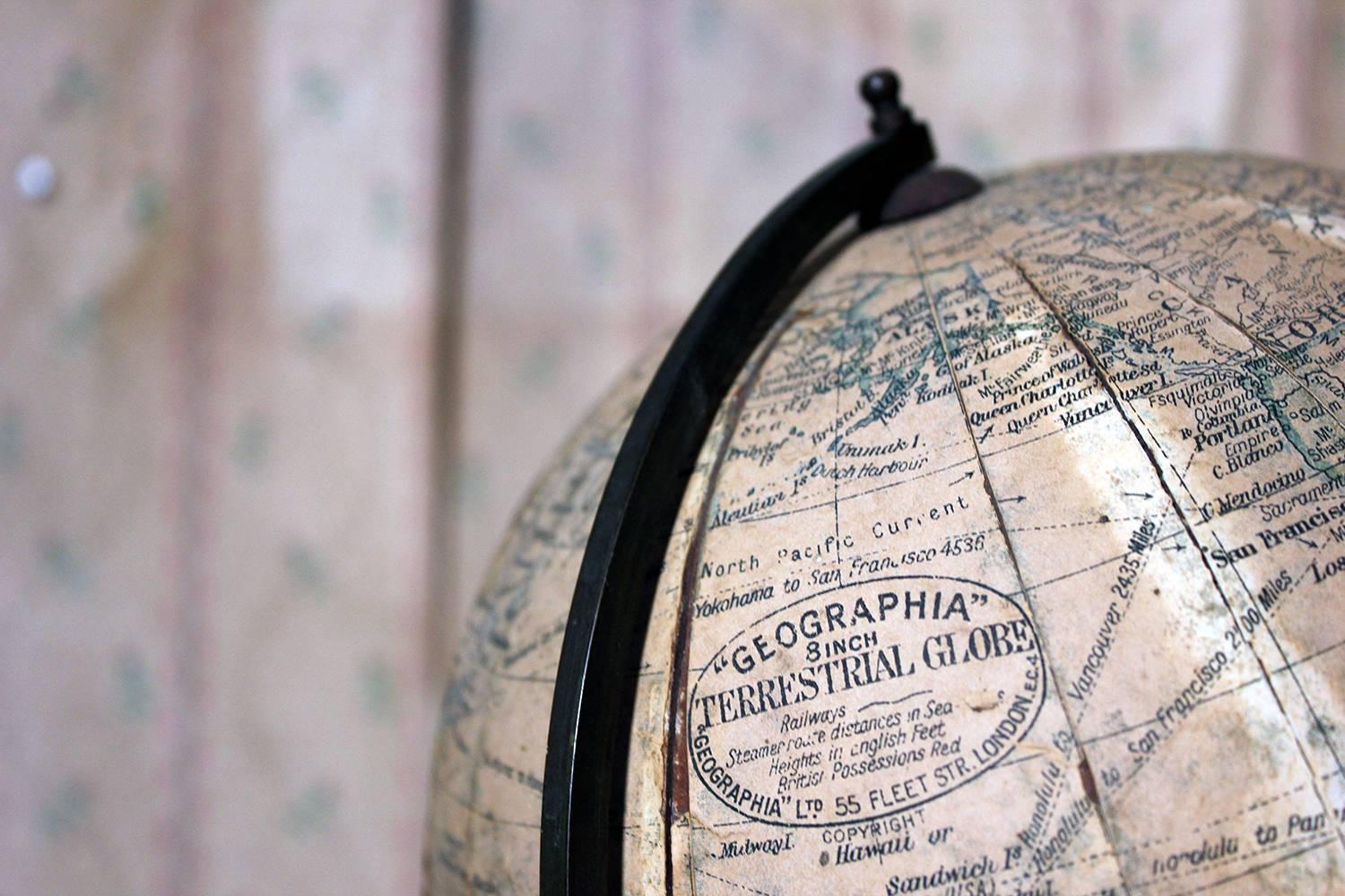 High Victorian Early 20th Century 8” Terrestrial Table Globe ‘Geographia’, circa 1920-1925