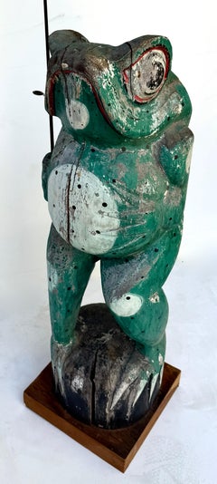 Early 20thC. American Folk Art Hand Carved "Standing Frog" Fish Bait Shop Advert
